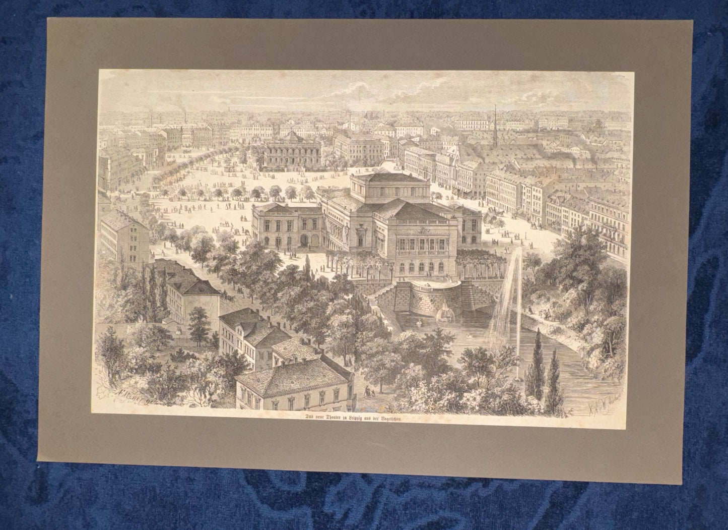 Leipzig Opernhaus Original Lithografie 1870 | Stadtansicht Promenade