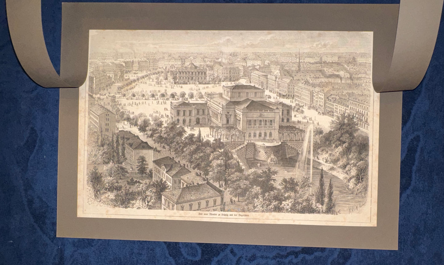 Leipzig Opernhaus Original Lithografie 1870 | Stadtansicht Promenade