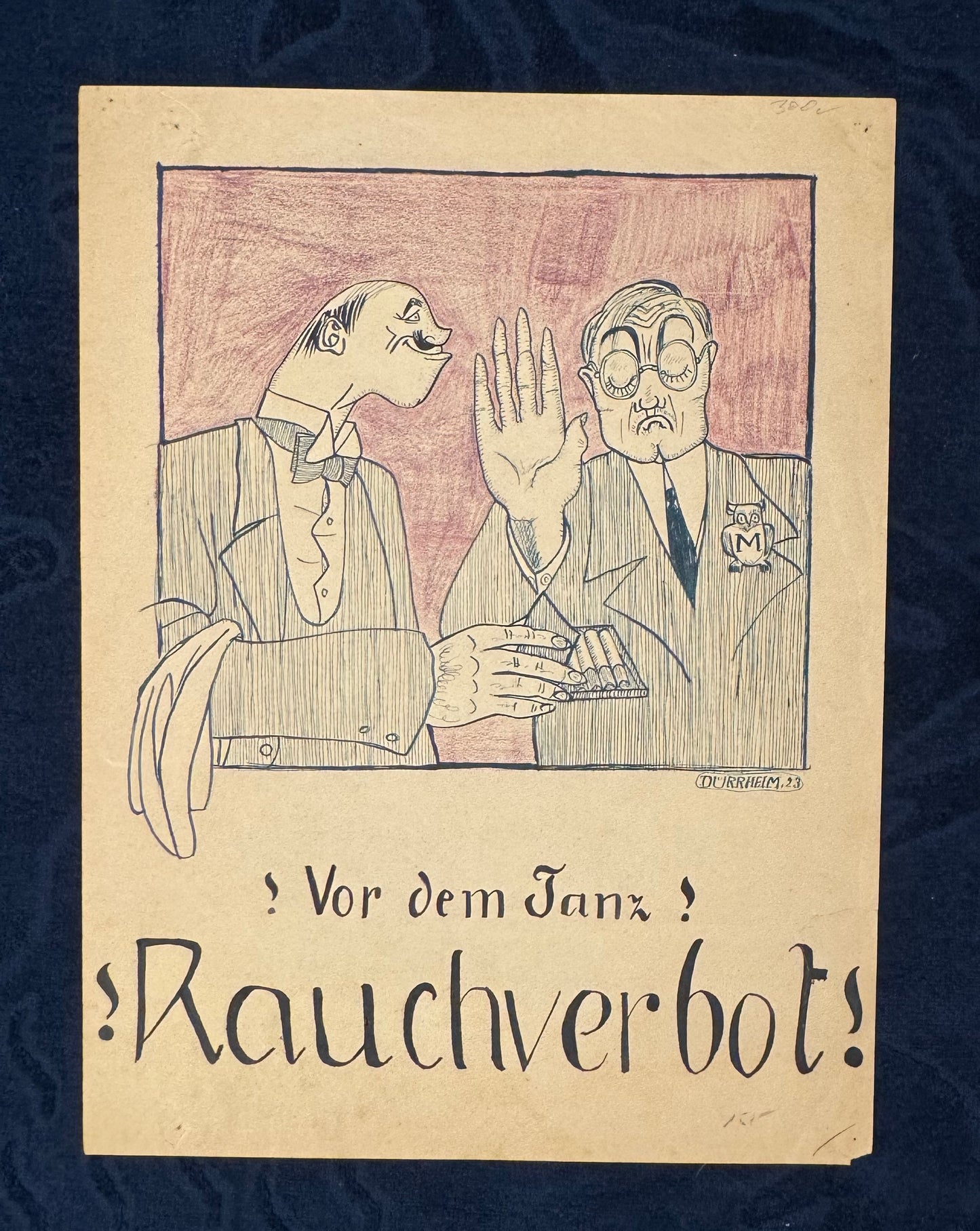 1923 Unikat Original Karikatur Rauchverbot vor dem Tanz | Handgezeichnete Satire Vintage