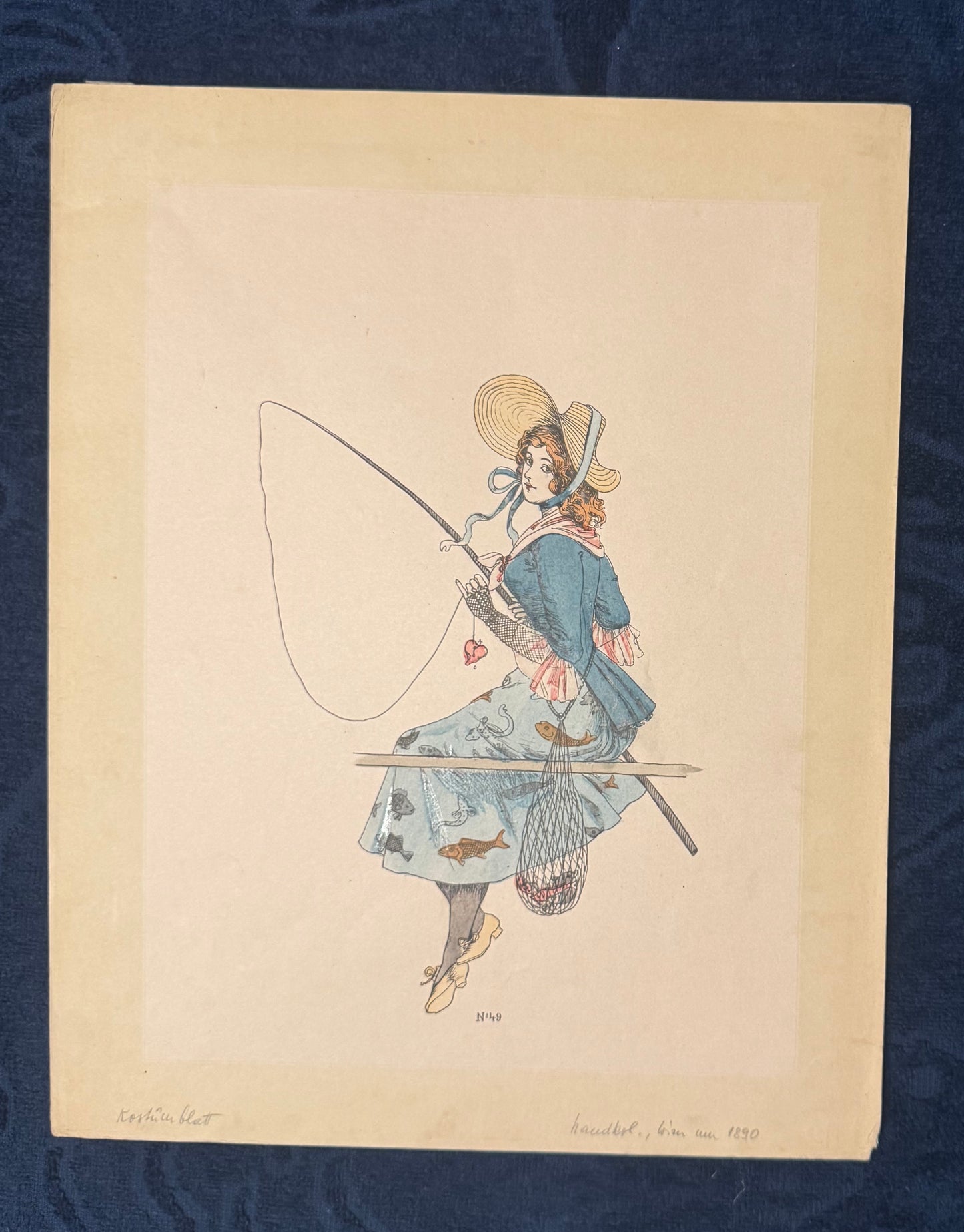 Original Modegrafik Dame beim Angeln 1890 | Vintage Kostüm Illustration Jugendstil