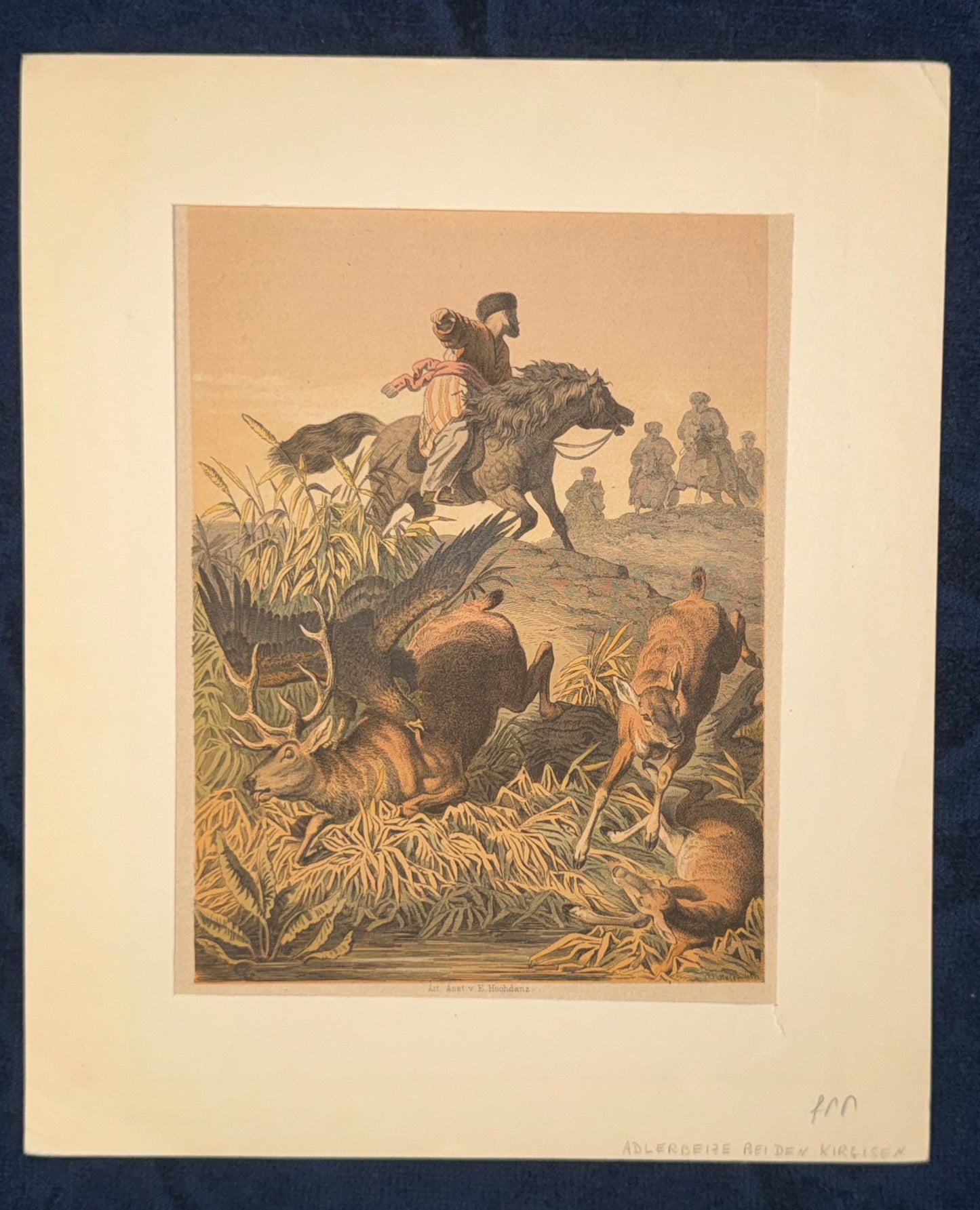 1880 Original Beizjagd Lithografie | Adlerjagd bei den Kirgisen | Falknerei Vögel