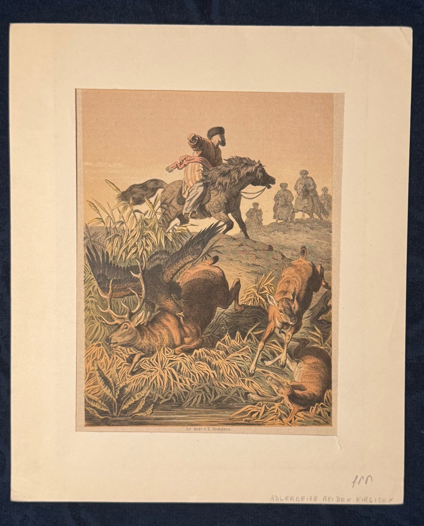 1880 Original Beizjagd Lithografie | Adlerjagd bei den Kirgisen | Falknerei Vögel