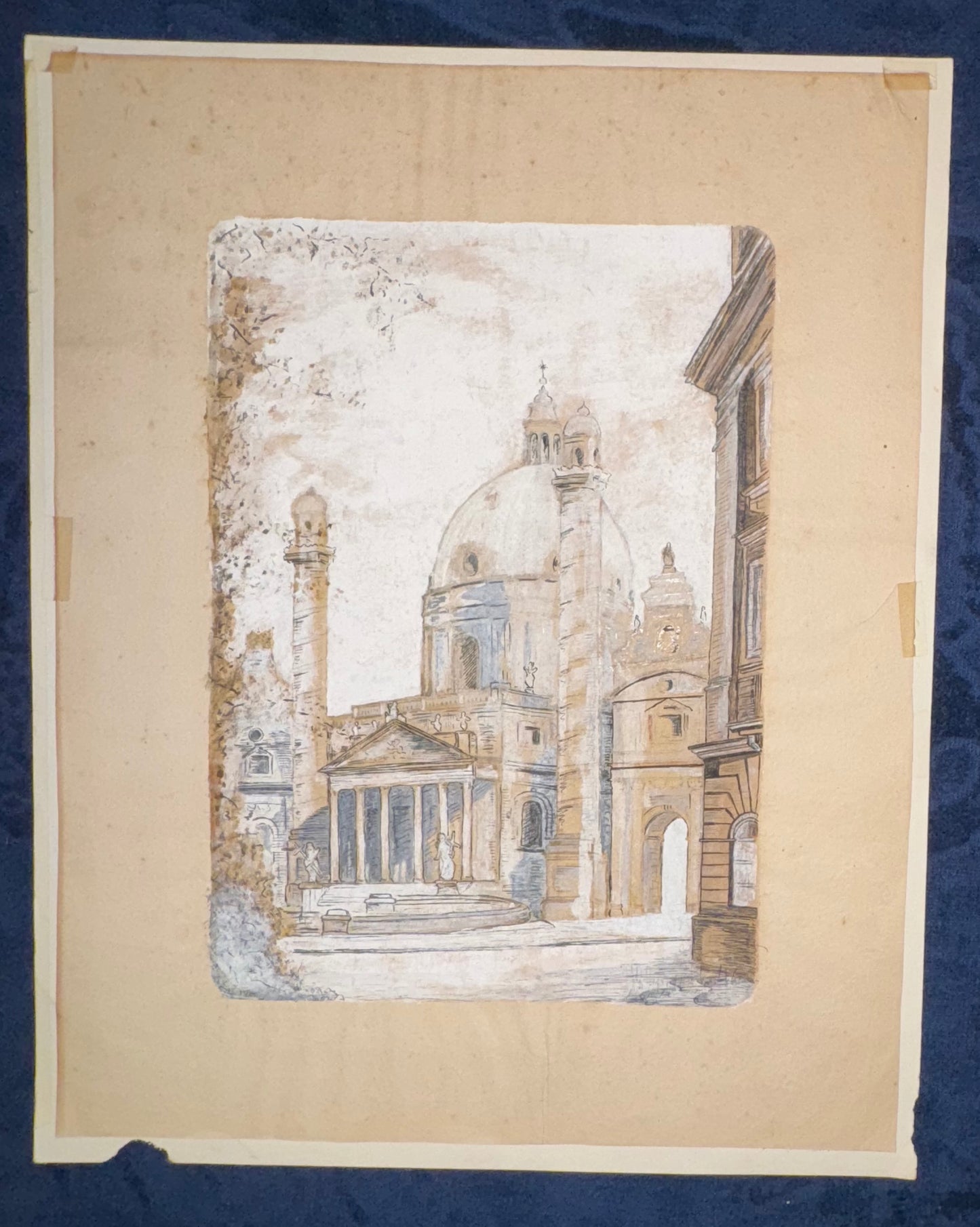 1930 Original Karlskirche Wien Großformat kolorierte Grafik | Otto Wagner Architektur