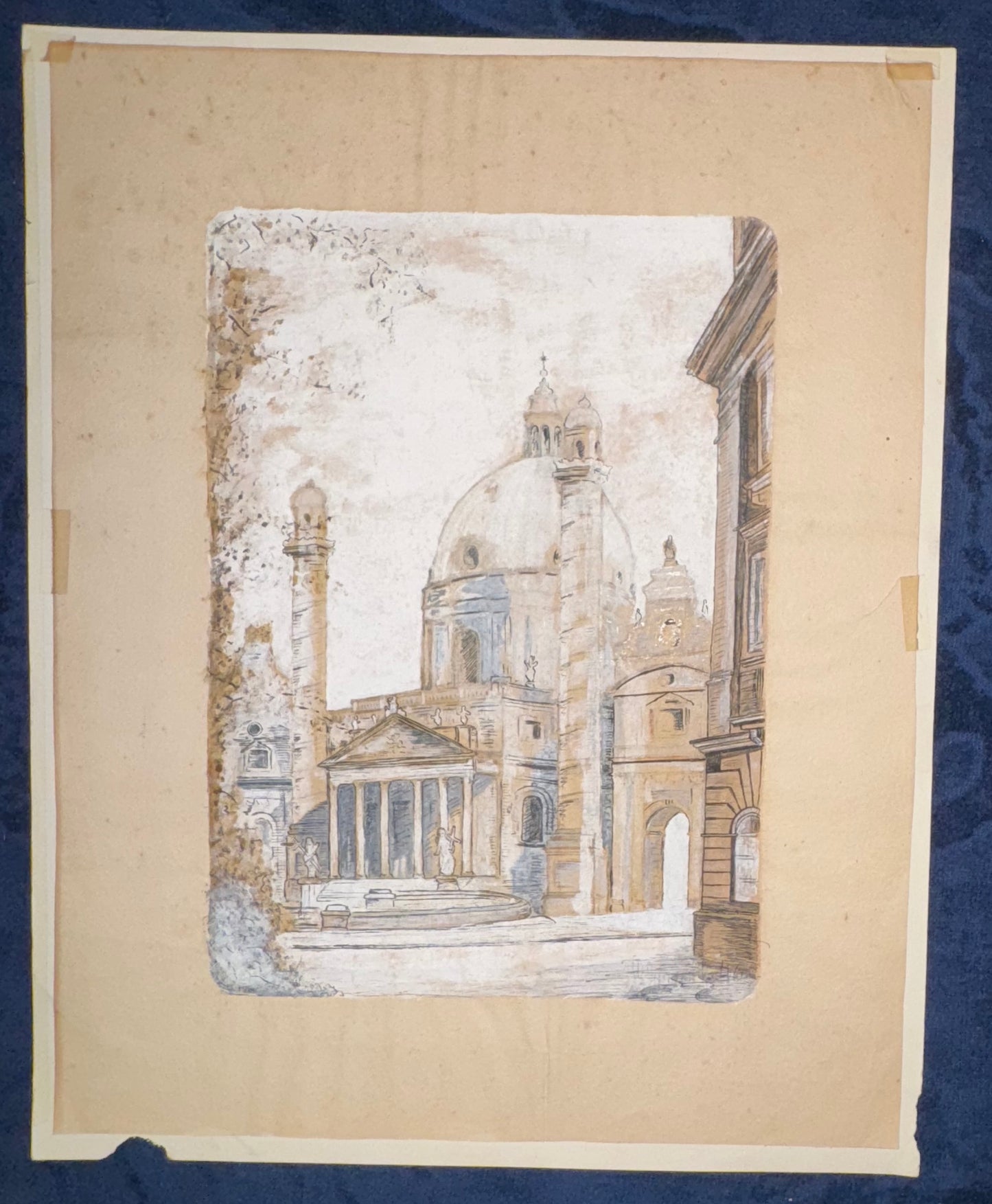 1930 Original Karlskirche Wien Großformat kolorierte Grafik | Otto Wagner Architektur