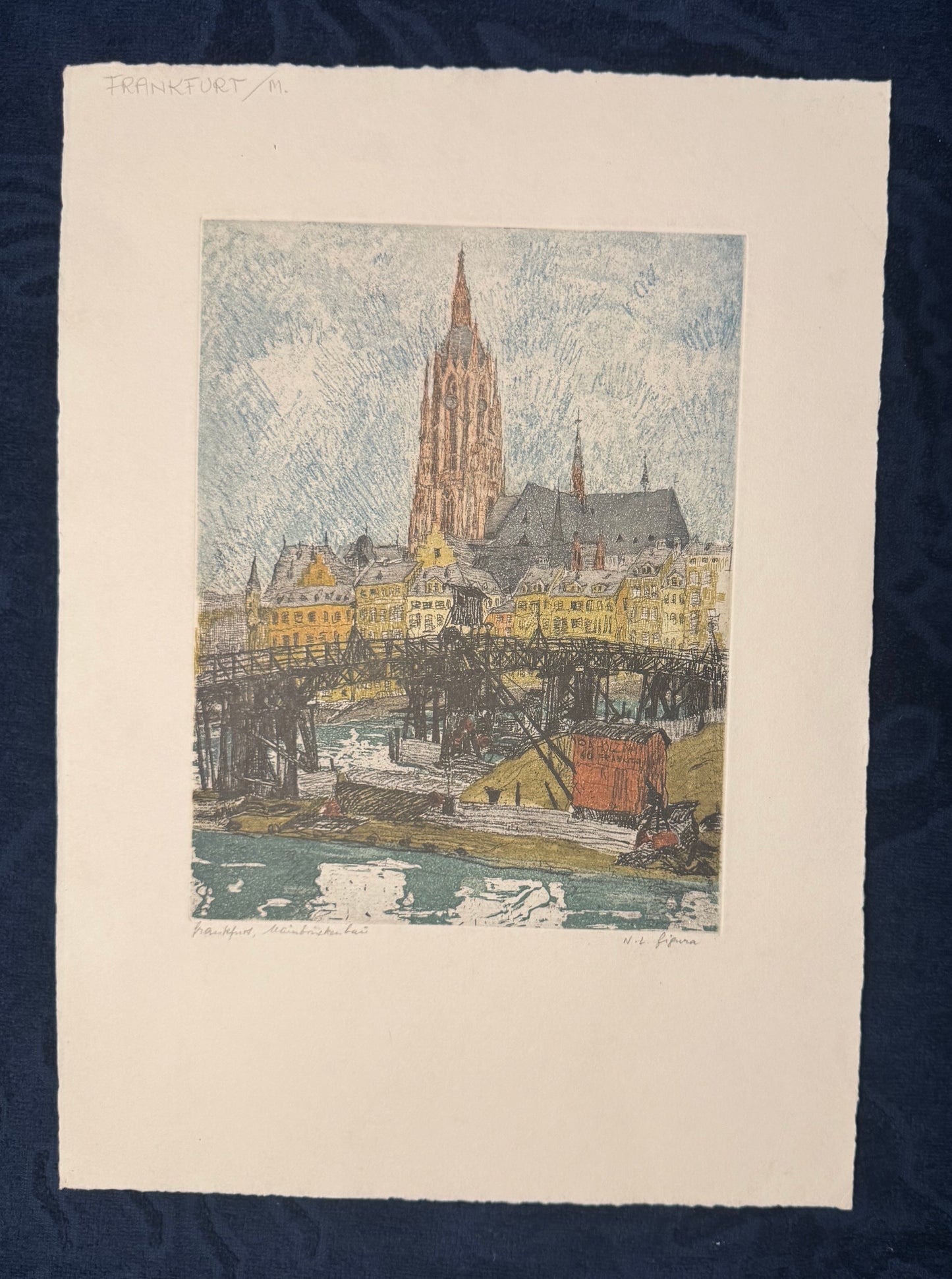 Original Frankfurt am Main Dom Radierung N. L. Figura 1900 | kolorierte Stadtansicht | Mainufer