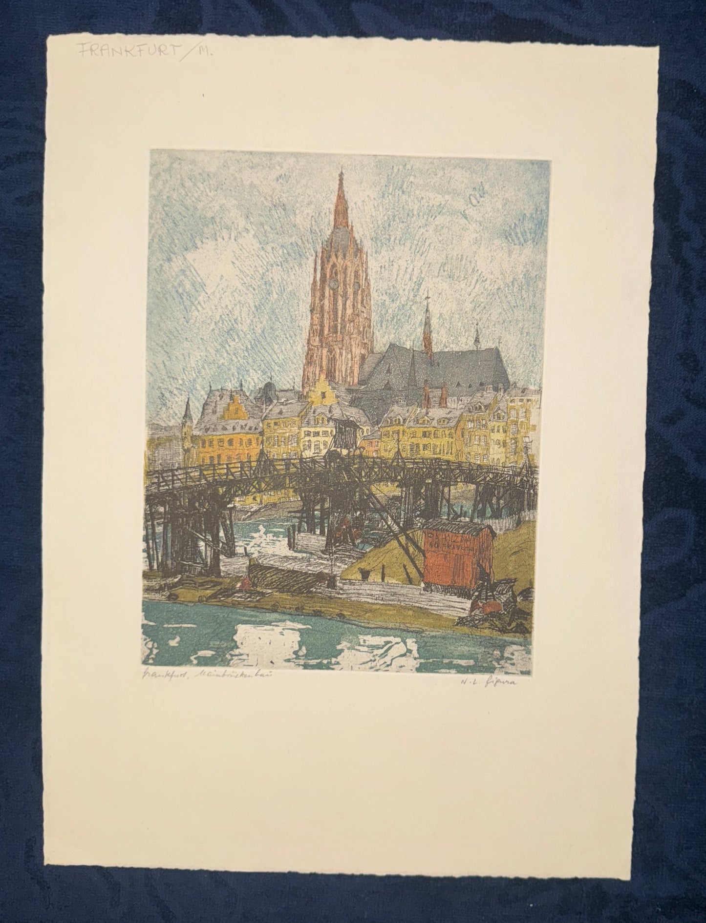 Original Frankfurt am Main Dom Radierung N. L. Figura 1900 | kolorierte Stadtansicht | Mainufer