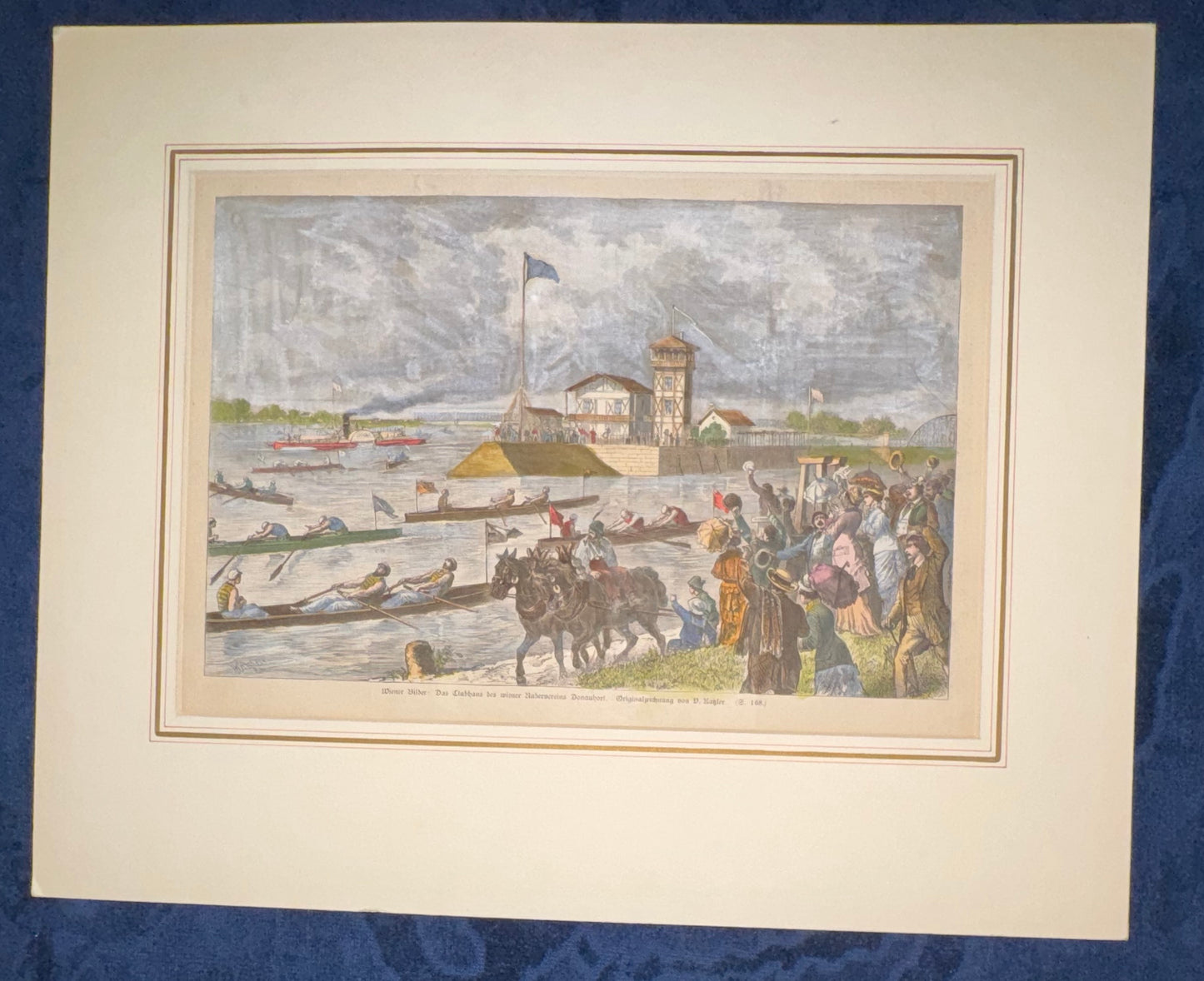 1870 Badeverein Donauhort Clubhaus Wien Ruderregatta Lithografie mit Passepartout