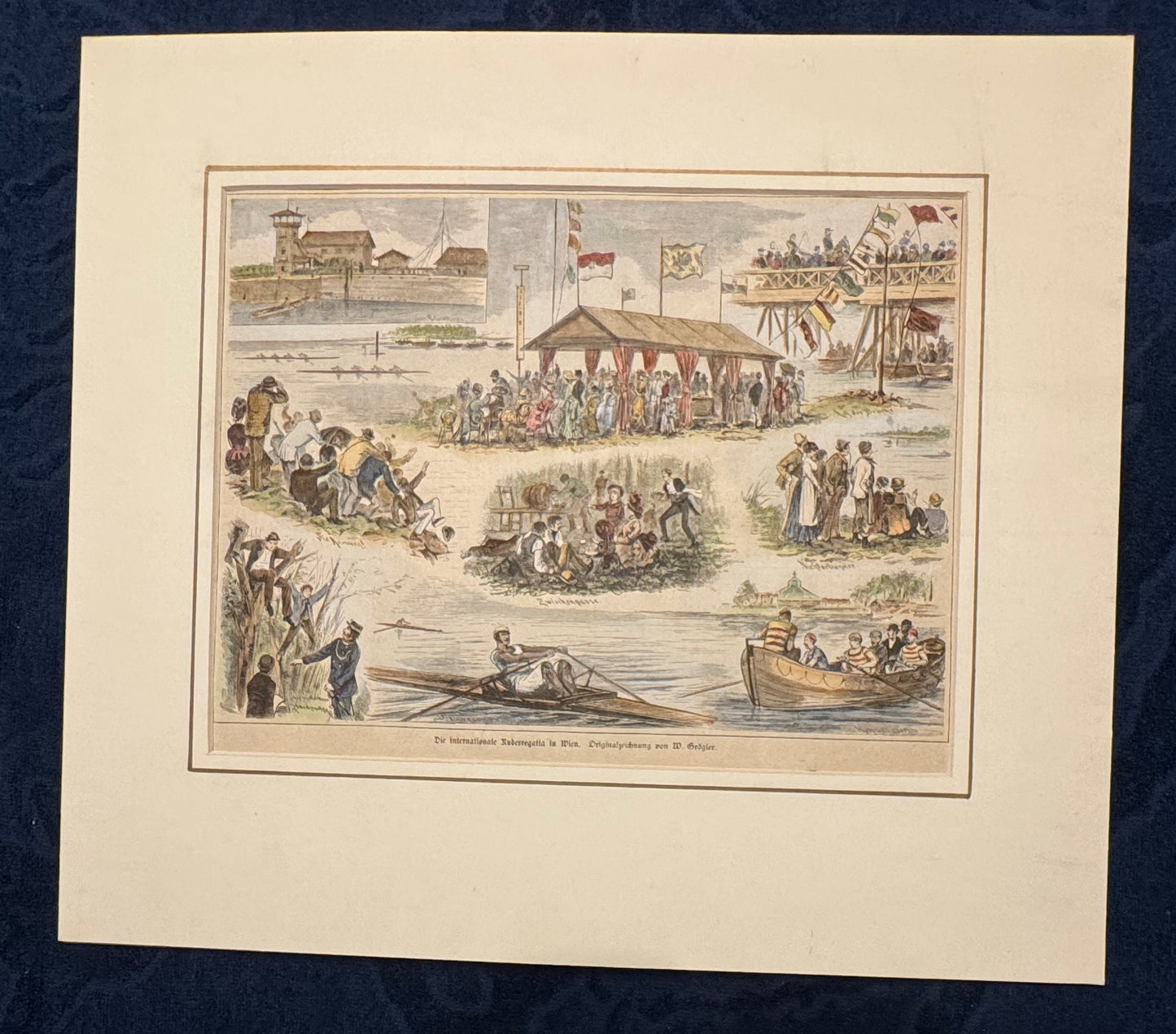 Original Wien Ruderregatta Lithografie 1870 mit Passepartout | Sportdarstellung