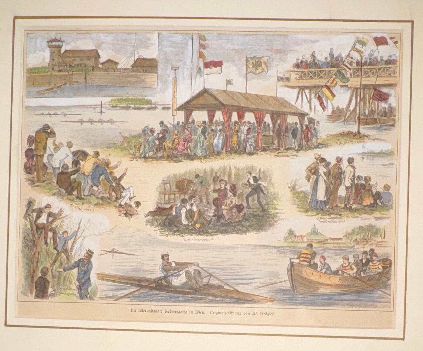Original Wien Ruderregatta Lithografie 1870 mit Passepartout | Sportdarstellung