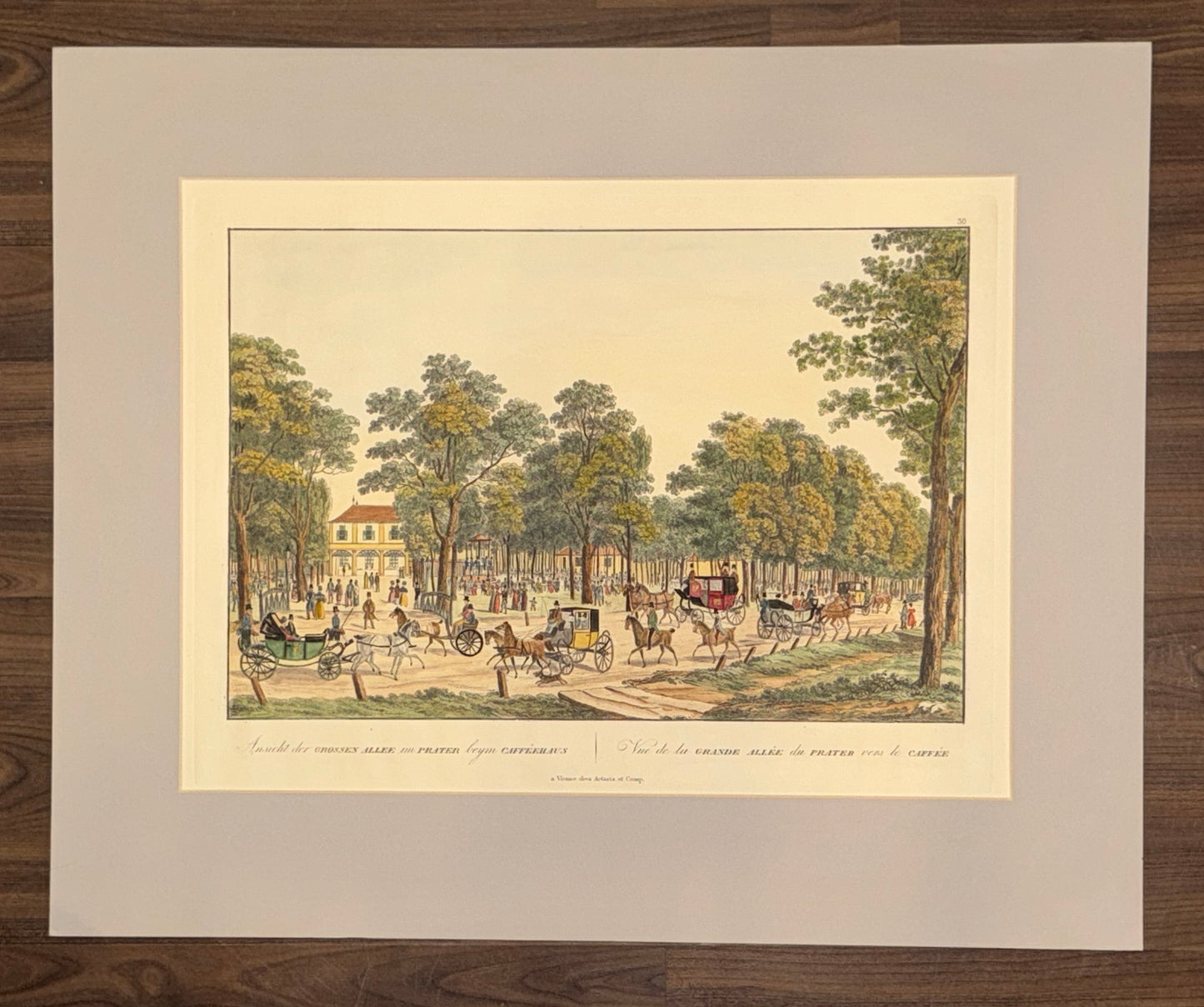 1830 Wien Praterallee Original kolorierter Kupferstich | Pferdekutschen Prater Promenade
