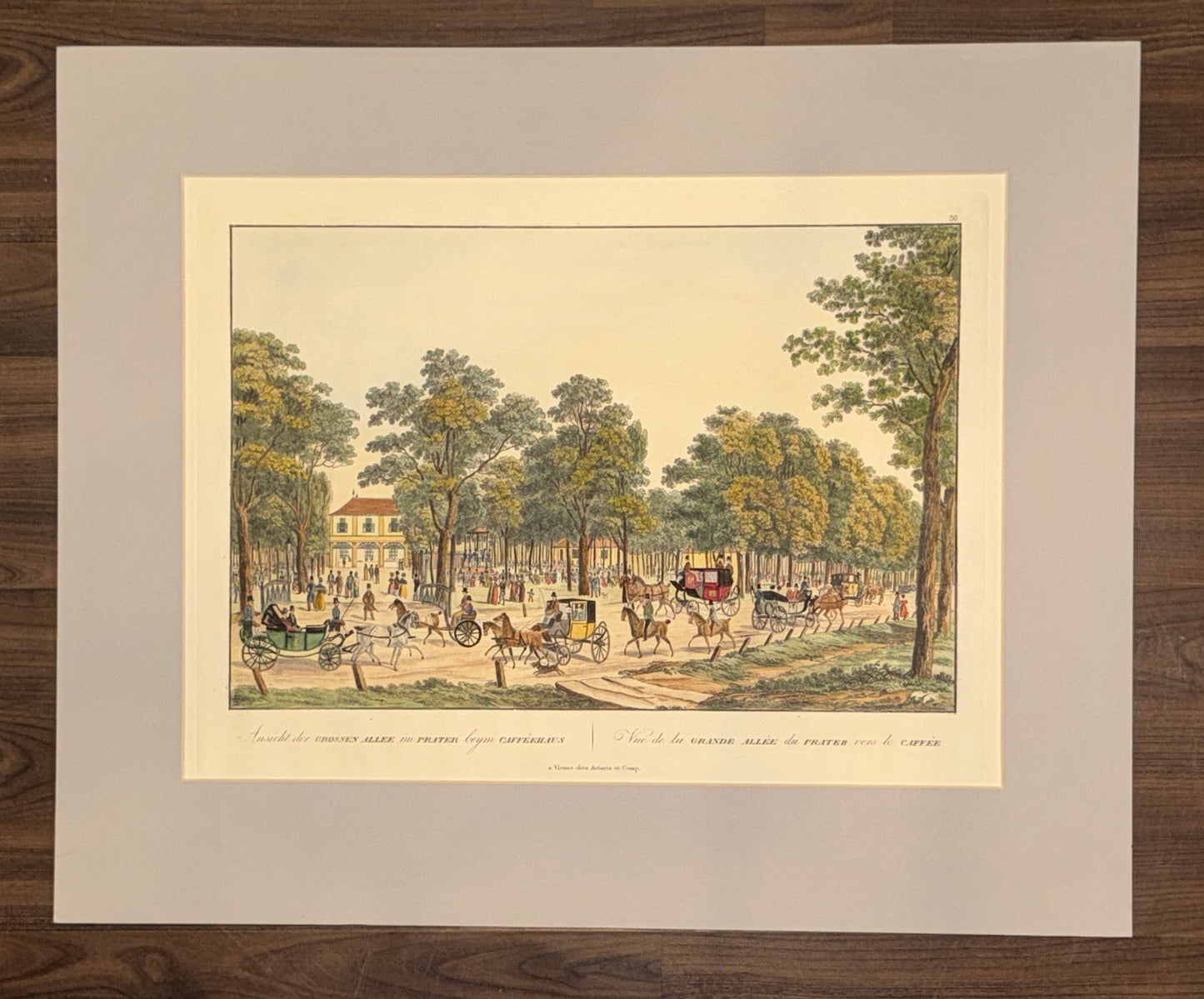 1830 Wien Praterallee Original kolorierter Kupferstich | Pferdekutschen Prater Promenade