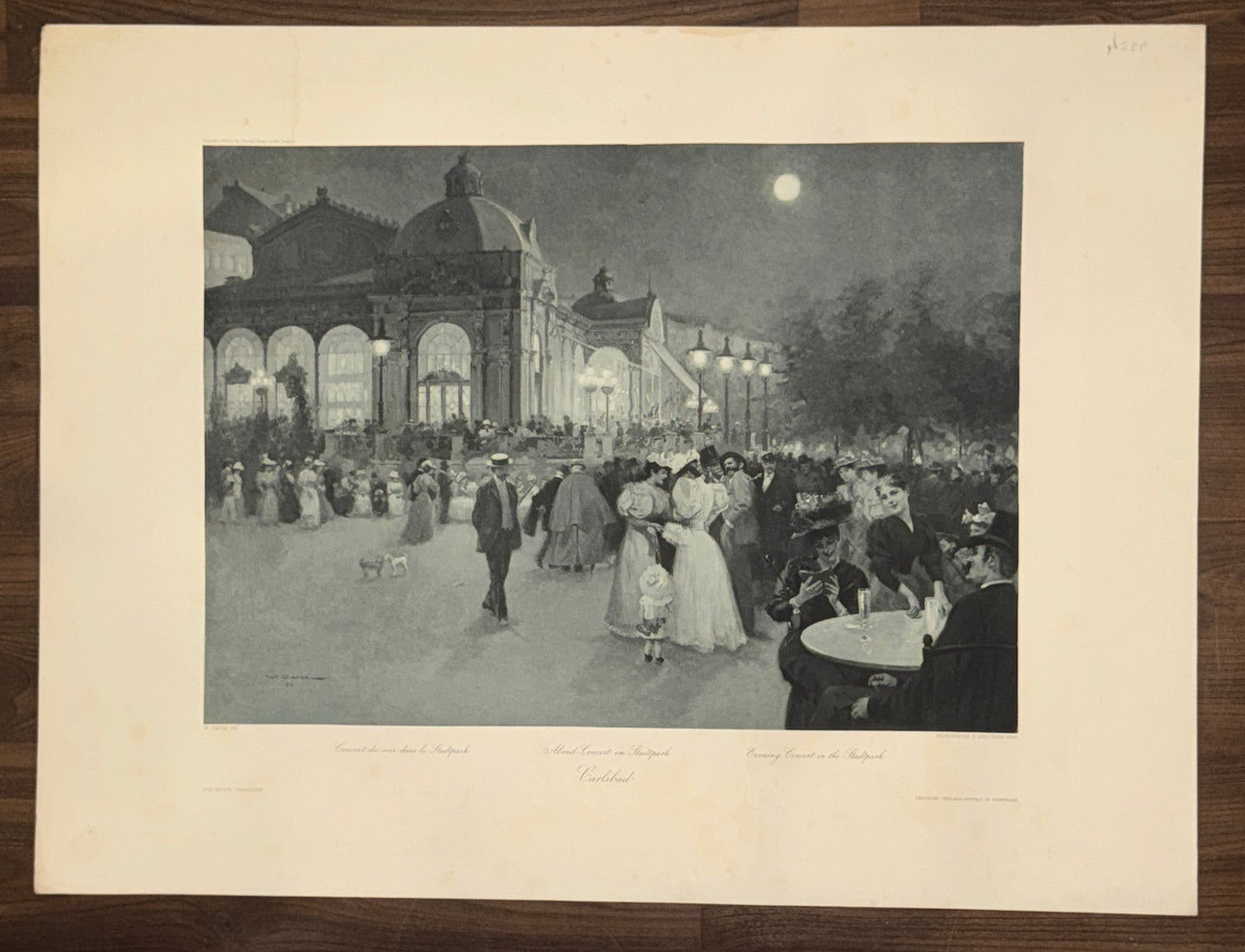 Karlsbad 1890 Original Grafik | Abendkonzert im Kurpark Kurgäste Bäderkultur