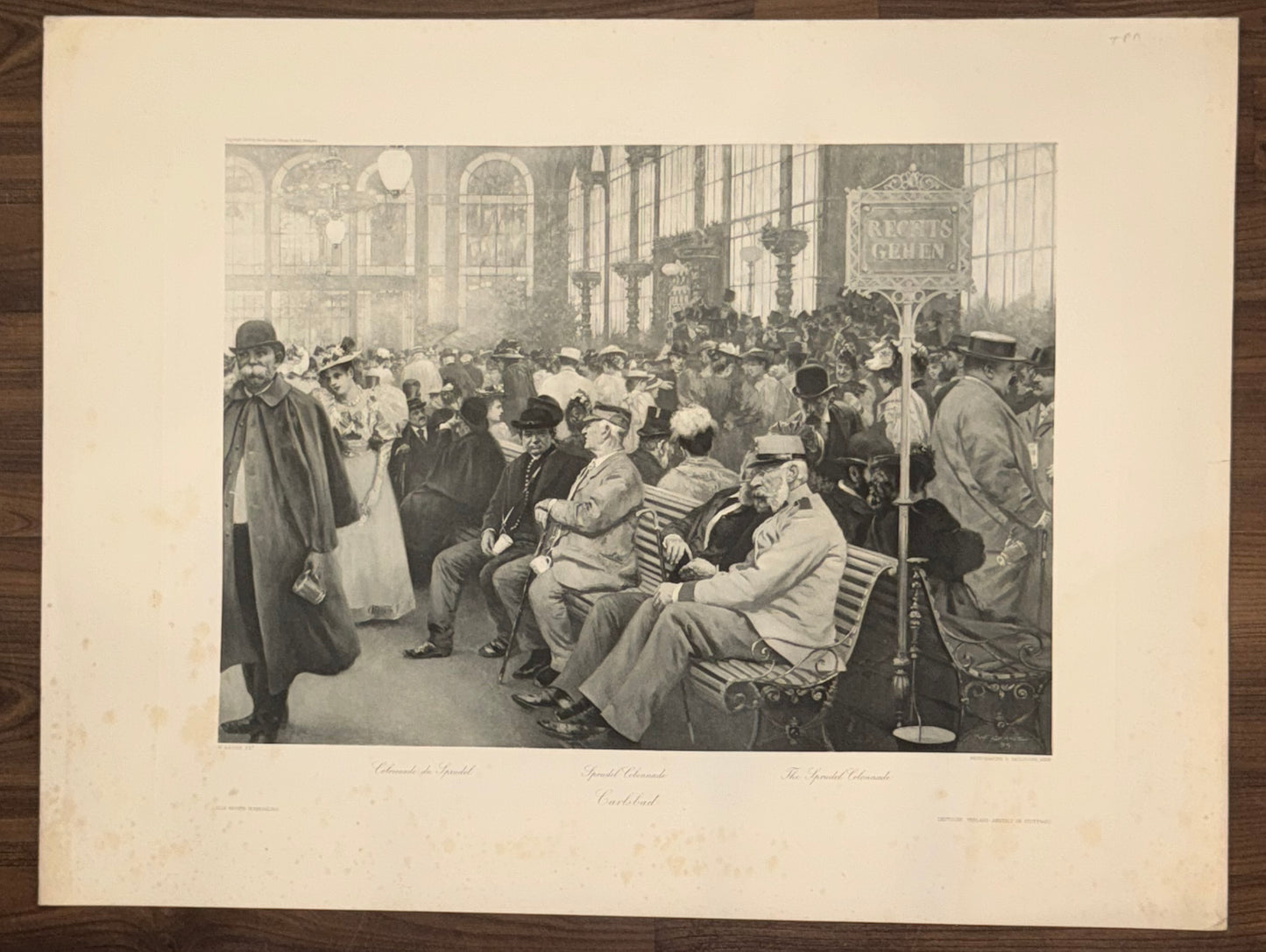 Original Grafik Karlsbad 1890 | Sprudel Kolonnade mit Kurgästen Bäderkultur Monarchie