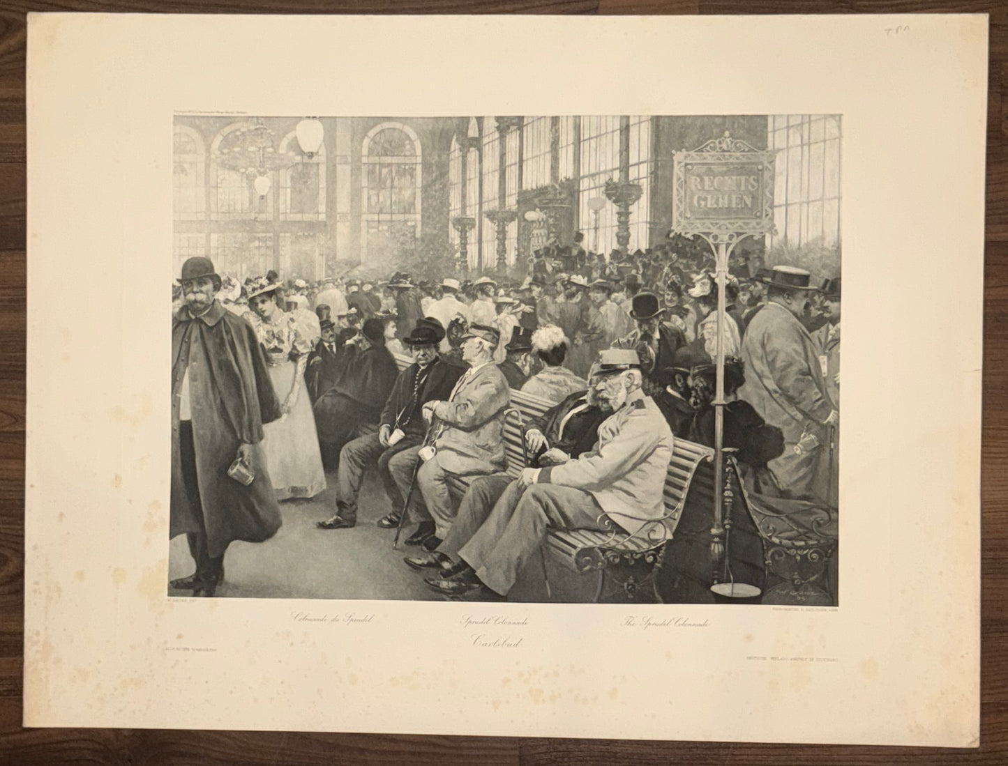 Original Grafik Karlsbad 1890 | Sprudel Kolonnade mit Kurgästen Bäderkultur Monarchie
