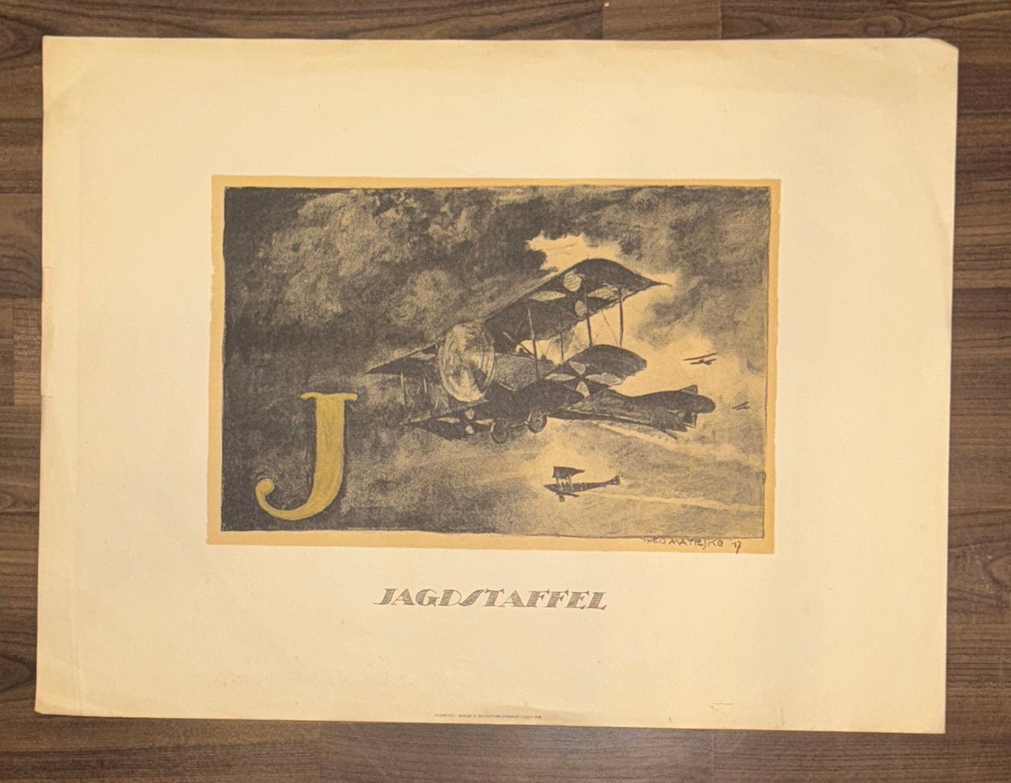 Doppeldecker Original Lithografie Jagdstaffel 1920 | Flugzeuge Erster Weltkrieg | Historische Luftfahrt