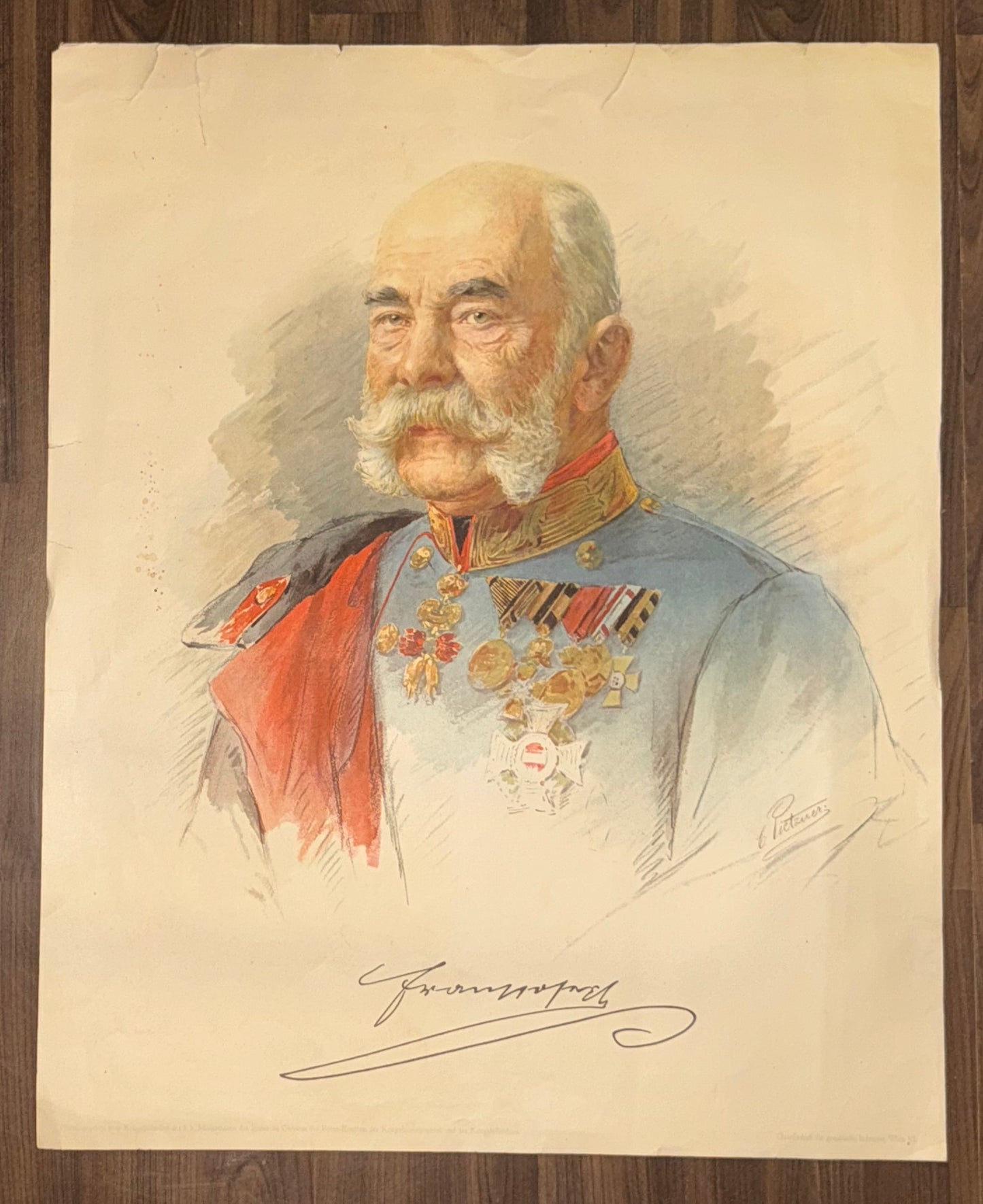 1910 Kaiser Franz Joseph I. Original Farblithografie | Österreich-Ungarn Monarchie | Militärportrait mit Orden
