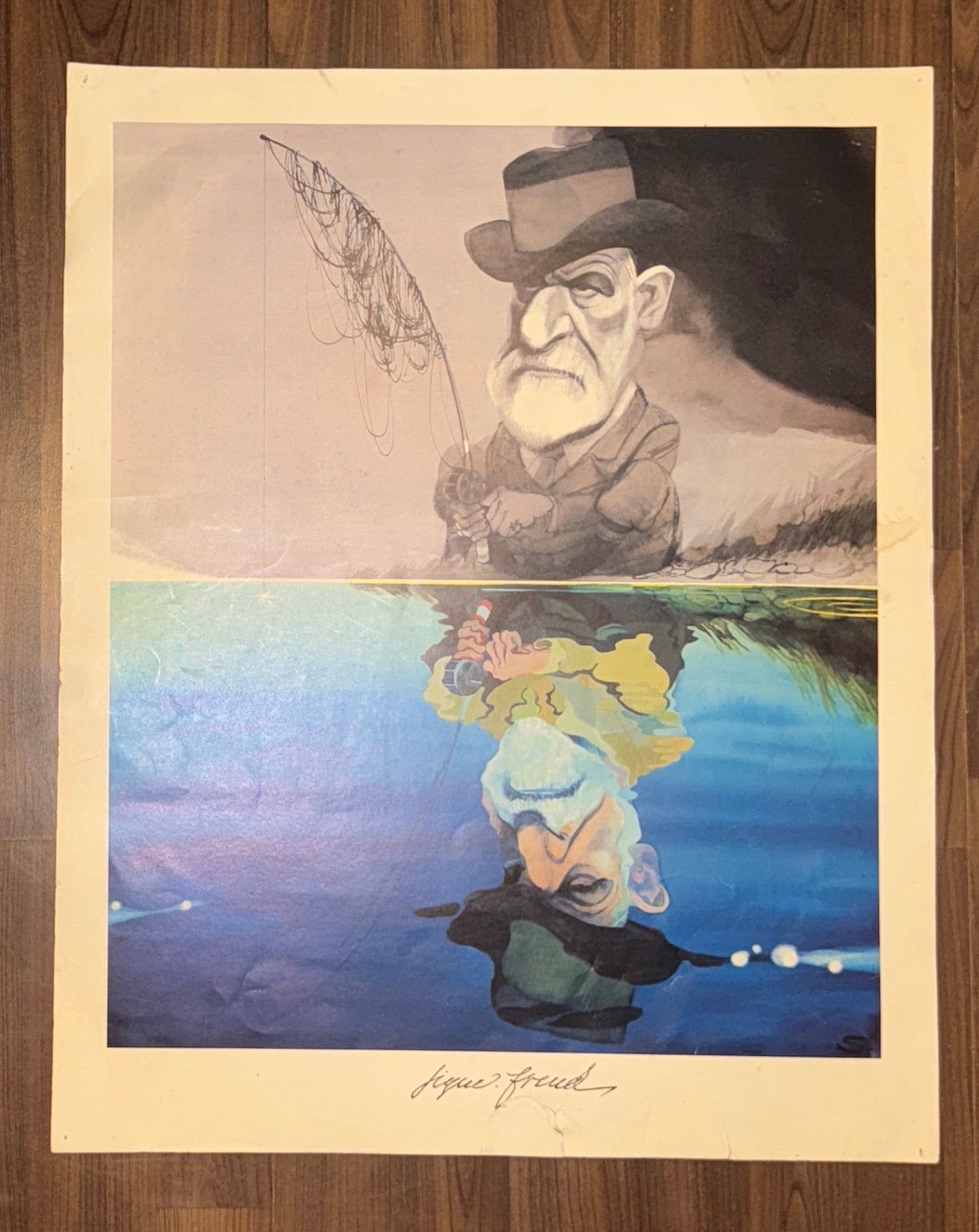 1970 Sigmund Freud Karikatur Druck | Surrealistische Darstellung Spiegelbild | Psychoanalyse Kunst Psychiatrie