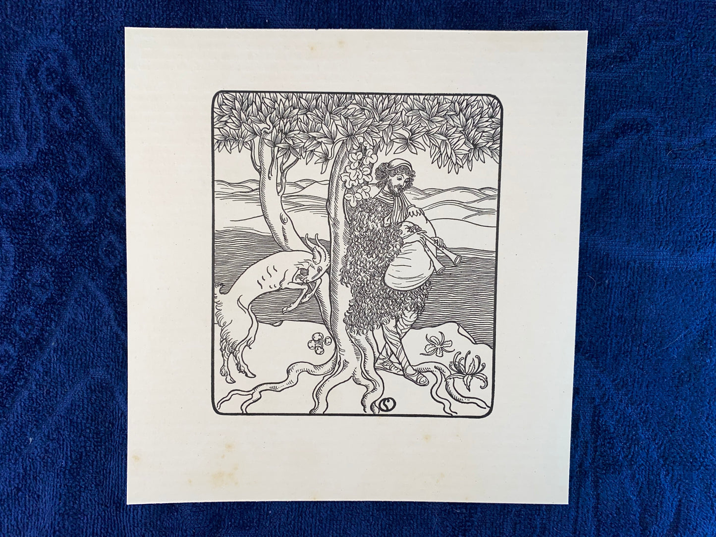 Jugendstildruck Hirte mit Ziege und Flöte um 1900 | Original Grafik Illustration Pan