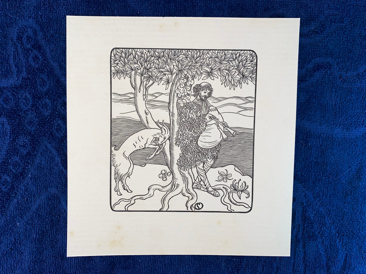 Jugendstildruck Hirte mit Ziege und Flöte um 1900 | Original Grafik Illustration Pan