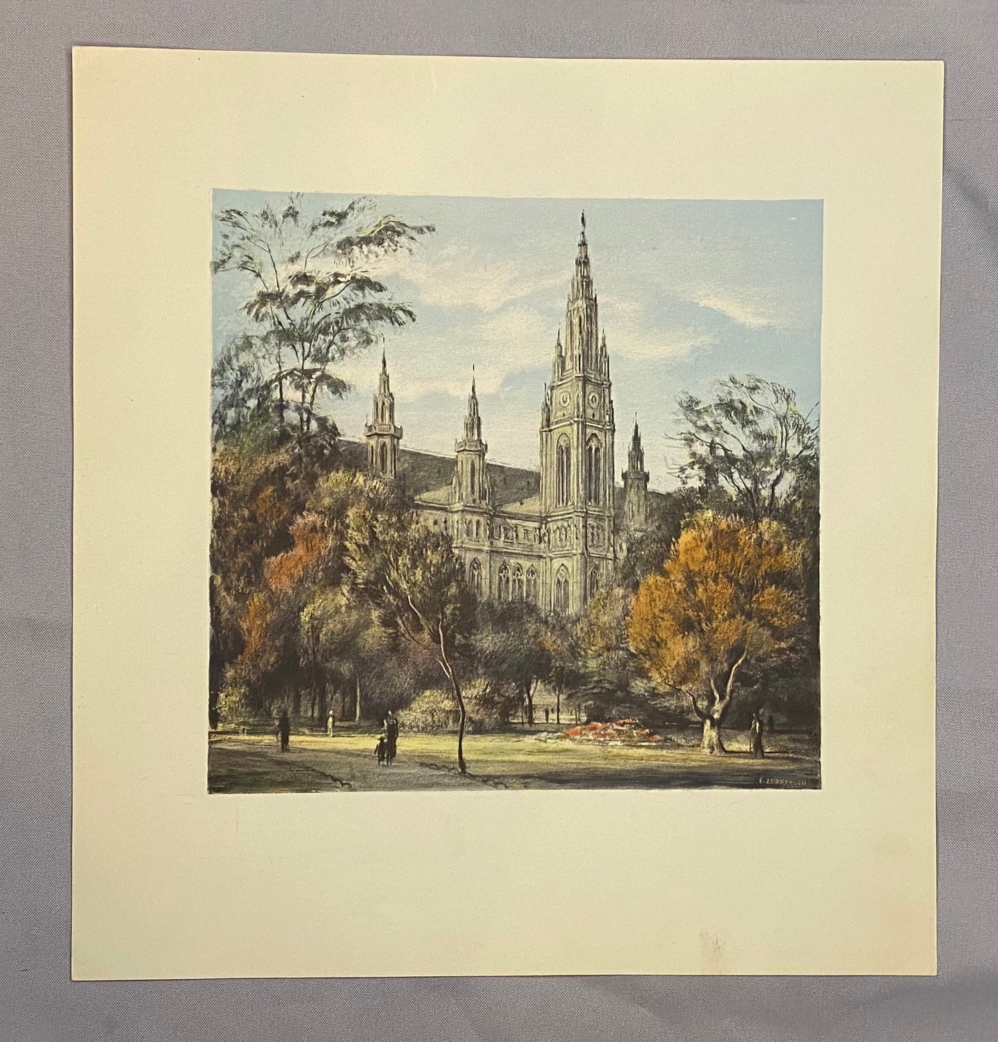 Wien Rathaus Rathauspark 1930 Original Farblithografie | Stadtansicht Architektur