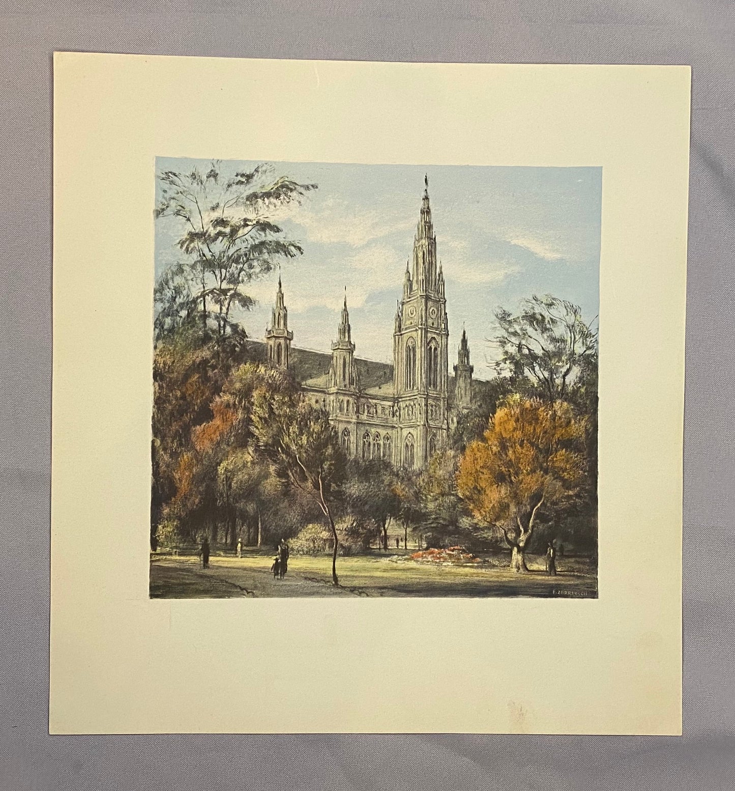 Wien Rathaus Rathauspark 1930 Original Farblithografie | Stadtansicht Architektur