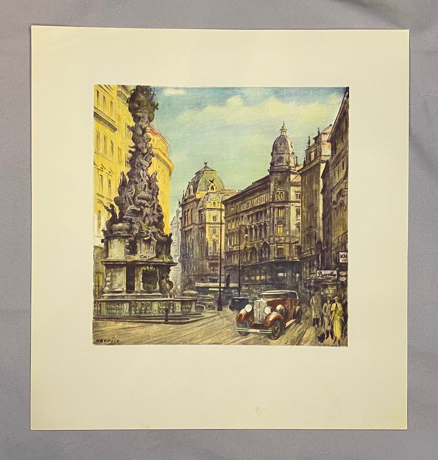 Wien Graben mit Oldtimer & Pestsäule 1930 Original Farblithografie | Maximilian Neuböck Stadtansicht