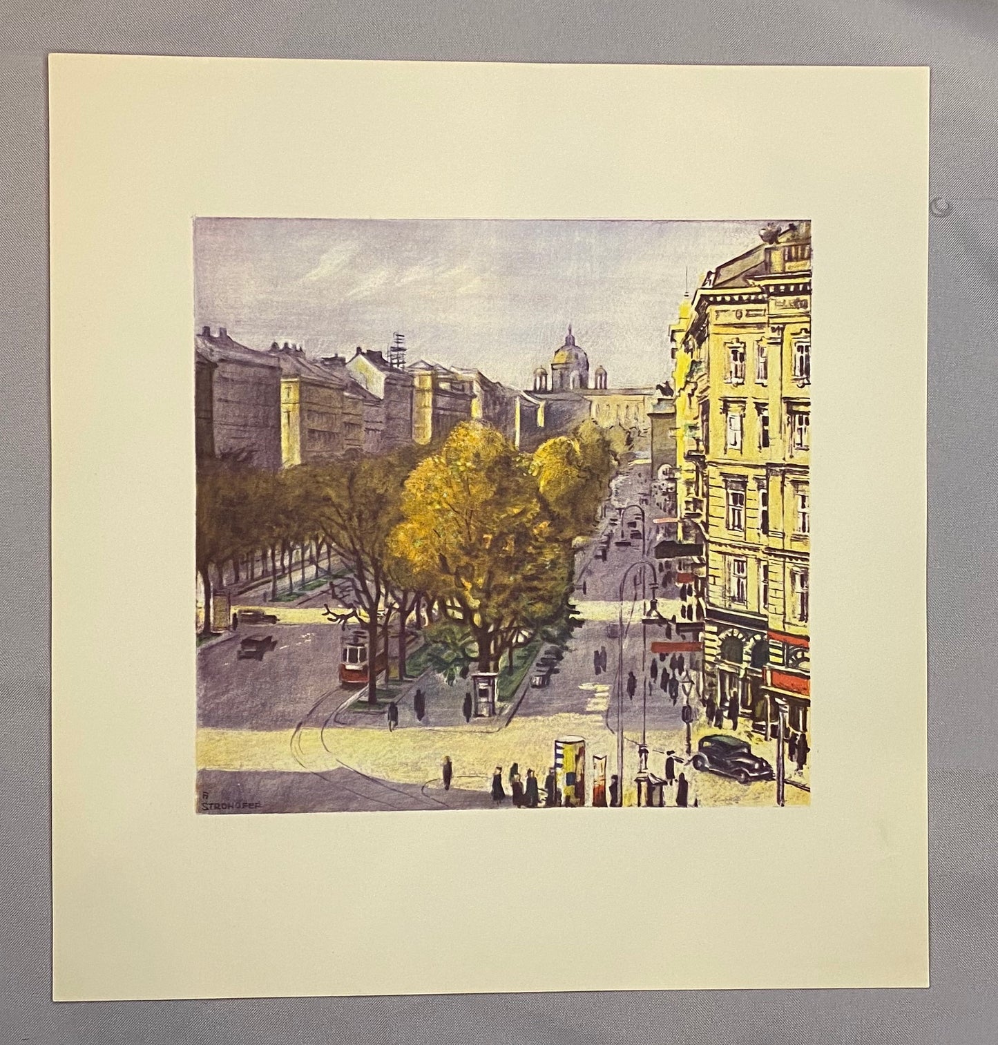 Wien Ringstraße 1930 Original Farblithografie | Straßenbahn & Stadtansicht