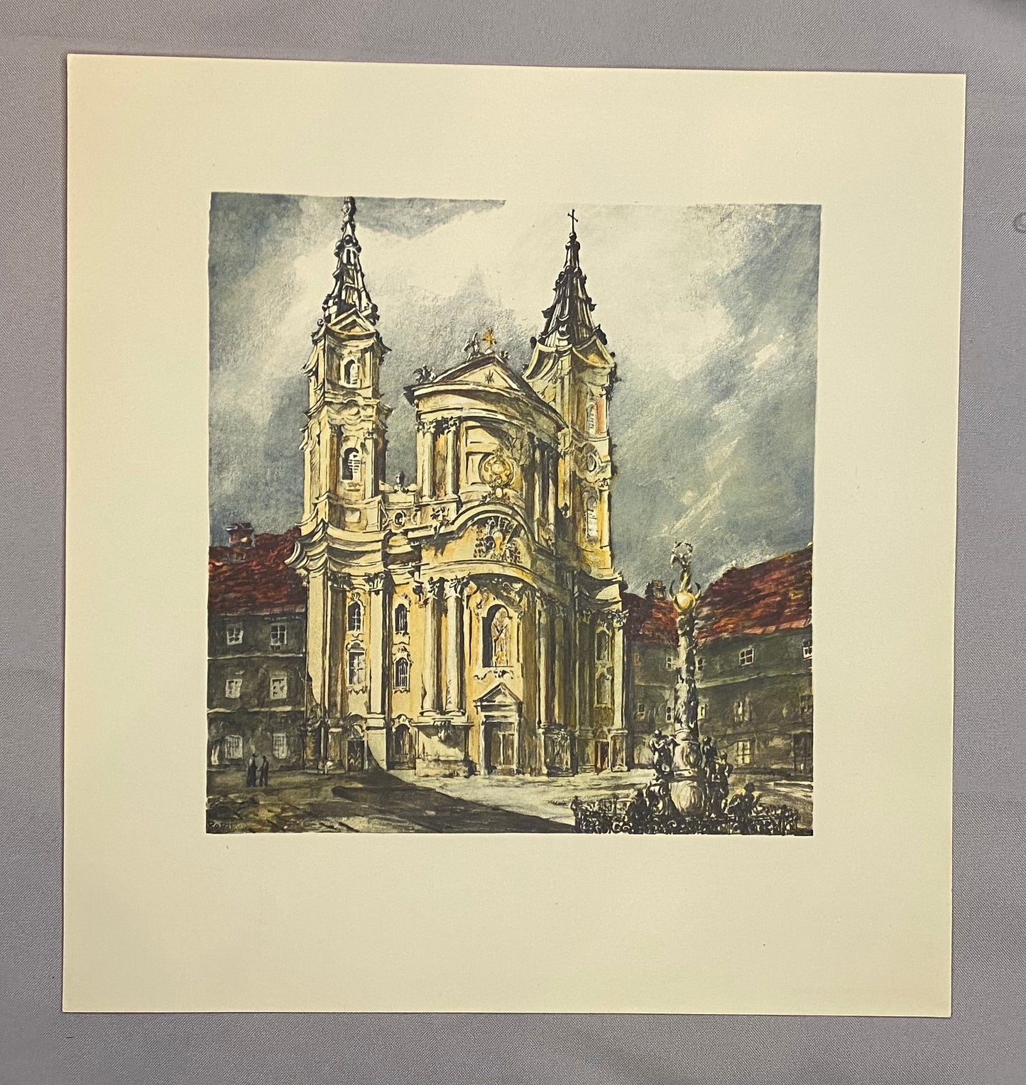 Original Farblithografie Wien Piaristenplatz mit Kirche 1930 | Lily Réthi Barockkirche Piaristenkirche