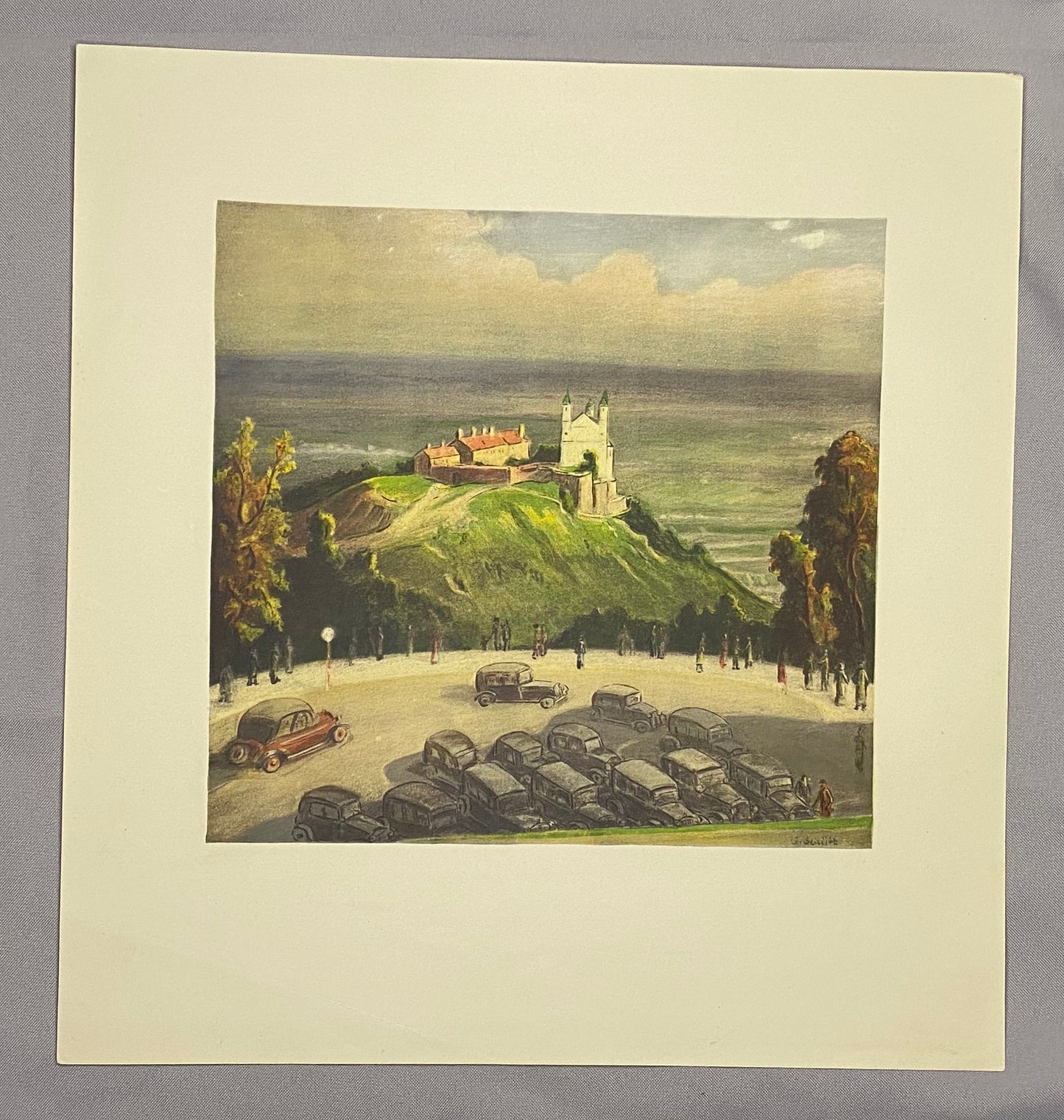 Wien Blick vom Kahlenberg auf den Leopoldsberg 1930 Original Farblithografie