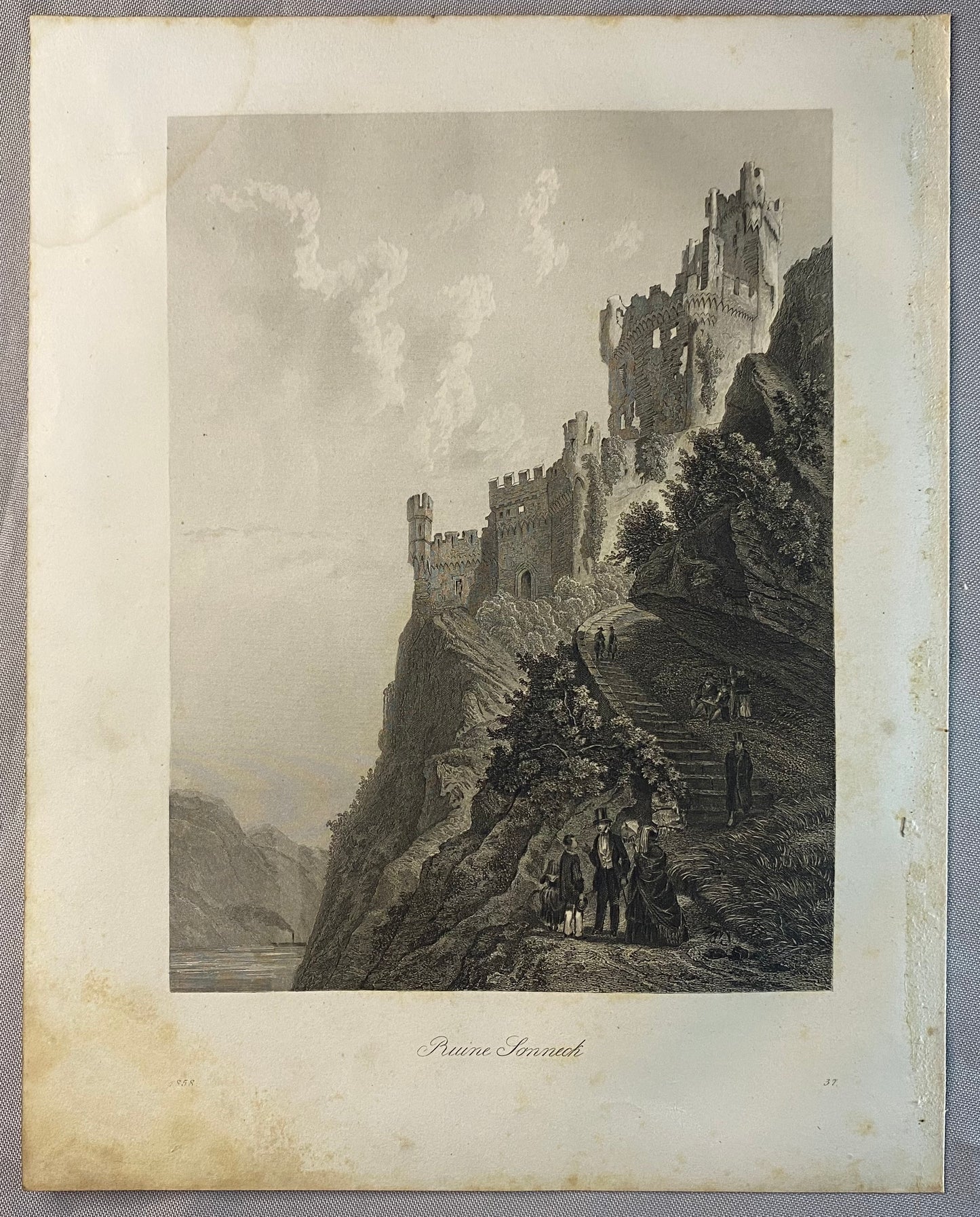 Burgruine Stahleck 1856 Original Stahlstich | Rheinlandschaft Burgen Ruinen Ritter