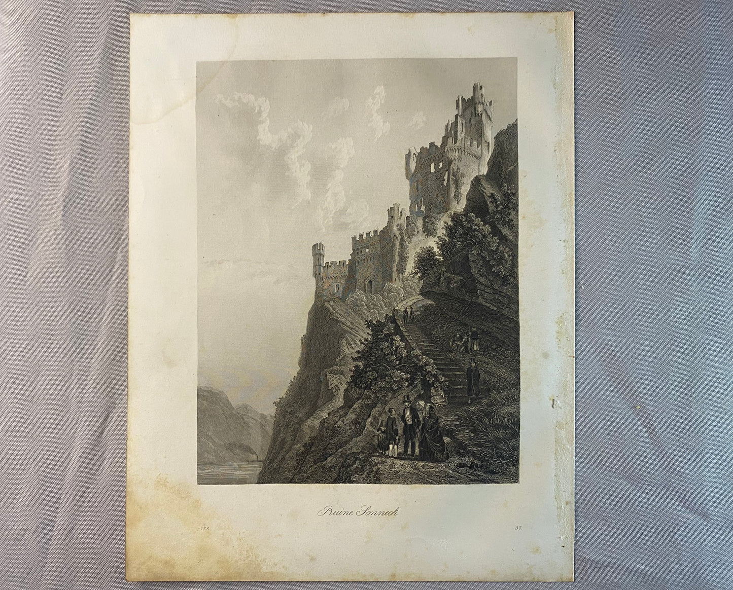 Burgruine Stahleck 1856 Original Stahlstich | Rheinlandschaft Burgen Ruinen Ritter
