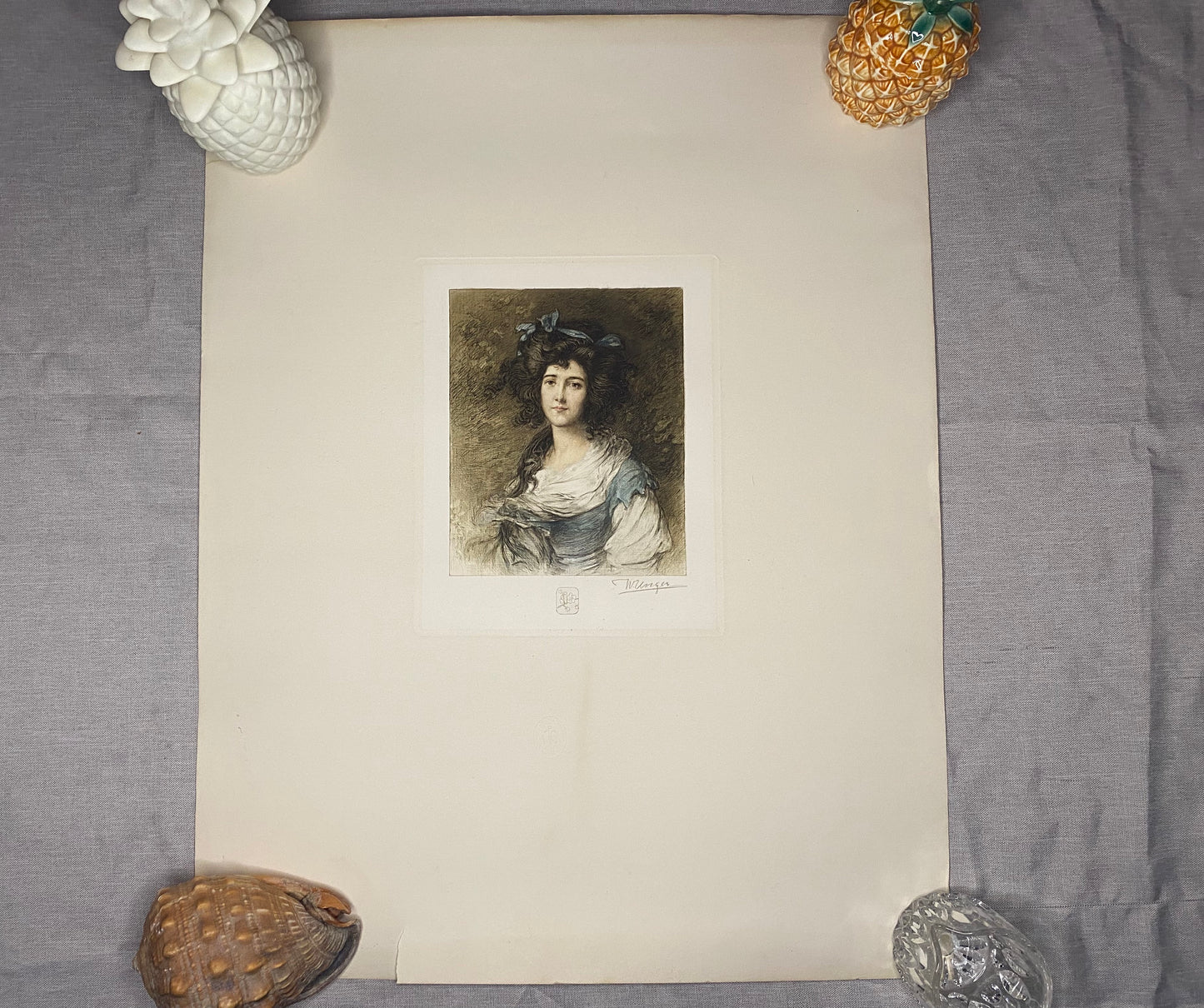 W. Unger Original Jugendstil Radierung 1900 | Damenporträt handkoloriert & signiert