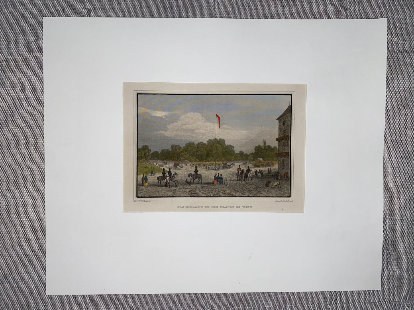 Wien Prater 1850 kolorierter Stahlstich | Eingang in den Prater | Österreich Leopoldstadt