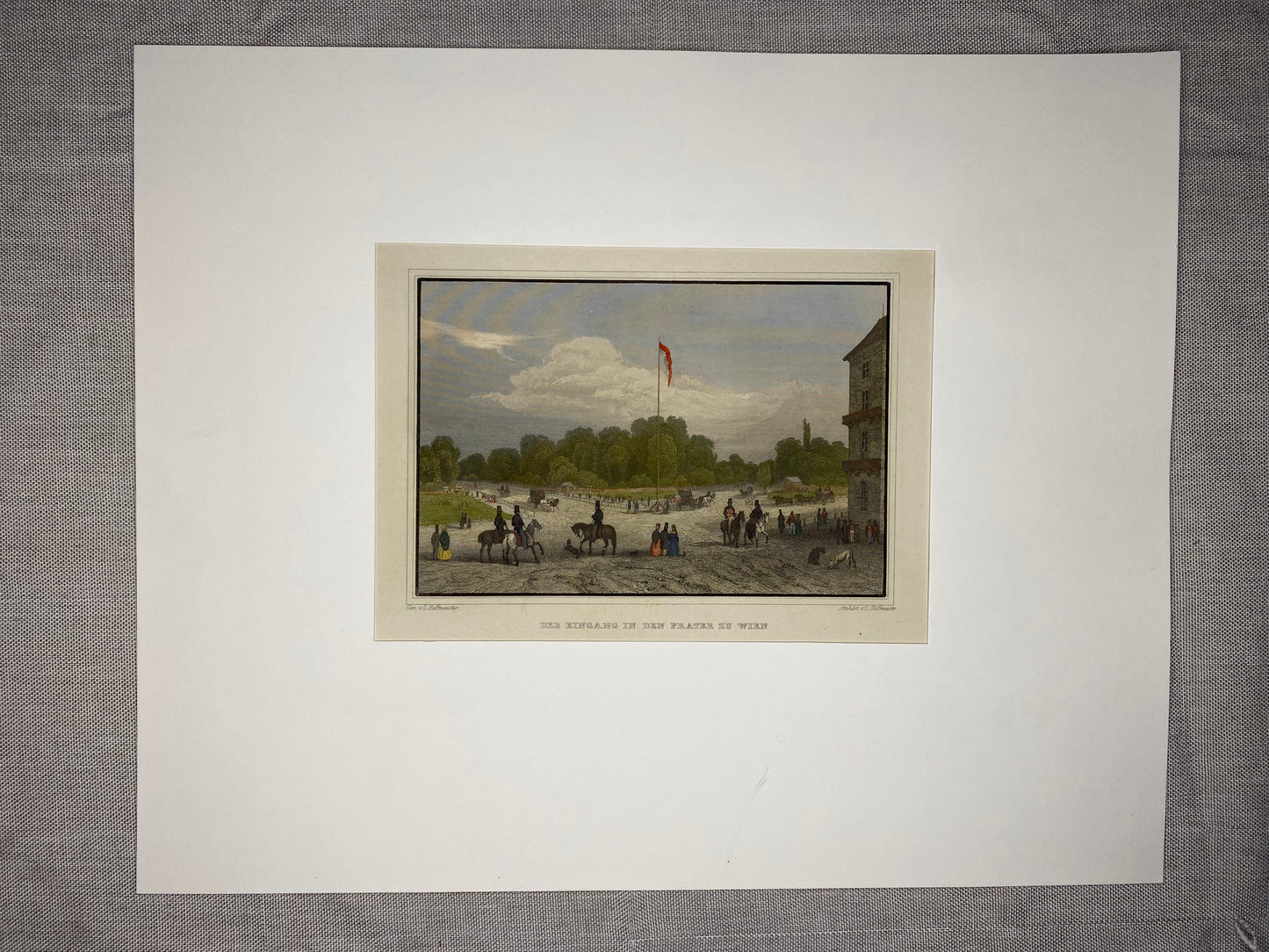 Wien Prater 1850 kolorierter Stahlstich | Eingang in den Prater | Österreich Leopoldstadt