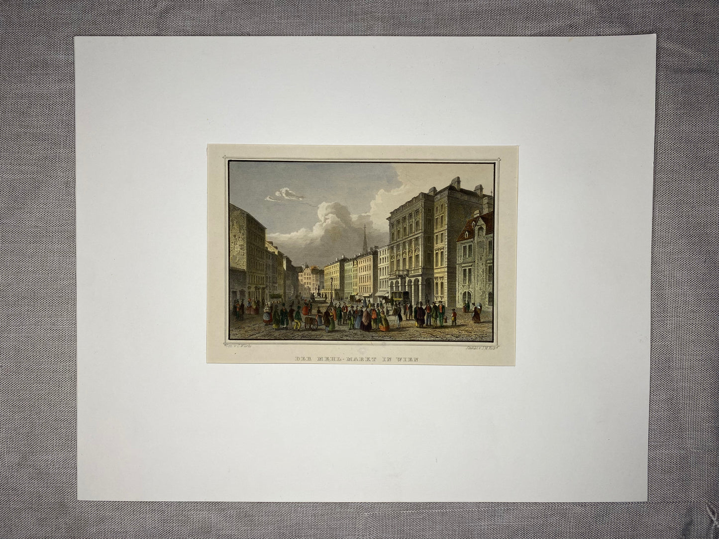 1830 Der Mehl-Markt in Wien Original Stahlstich | Alt-Wien Ansicht mit Passepartout