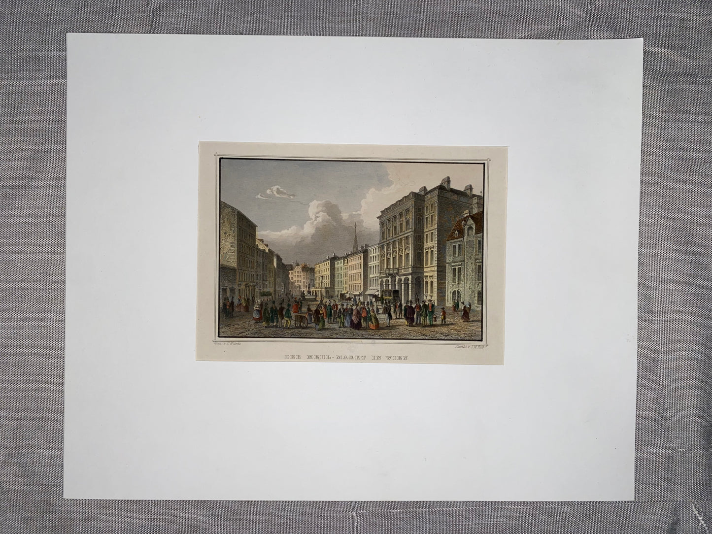 1830 Der Mehl-Markt in Wien Original Stahlstich | Alt-Wien Ansicht mit Passepartout