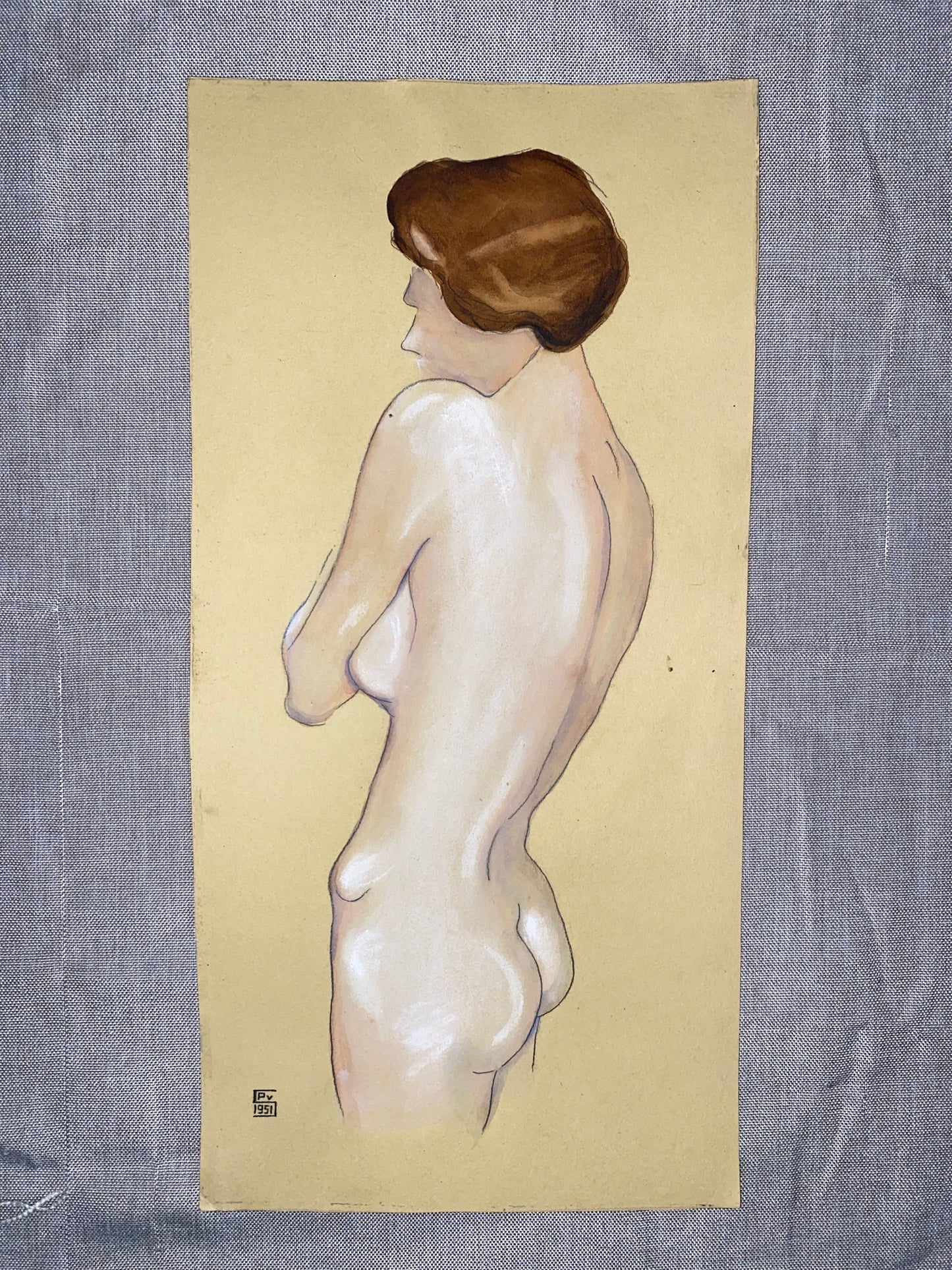 1951 Original Aktzeichnung | Weiblicher Rückenakt | Vintage Aktmalerei | Erotik Kunst