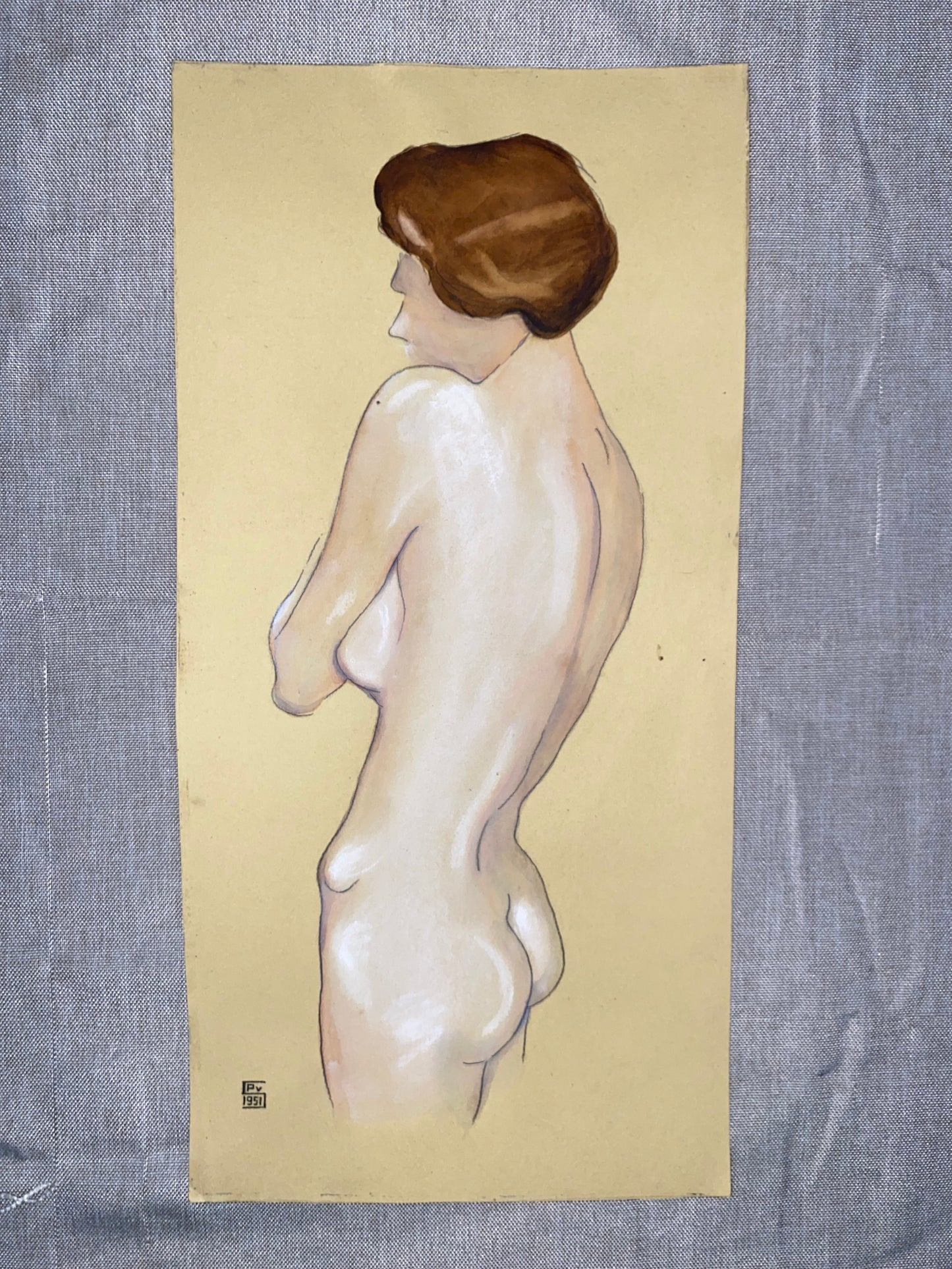1951 Original Aktzeichnung | Weiblicher Rückenakt | Vintage Aktmalerei | Erotik Kunst