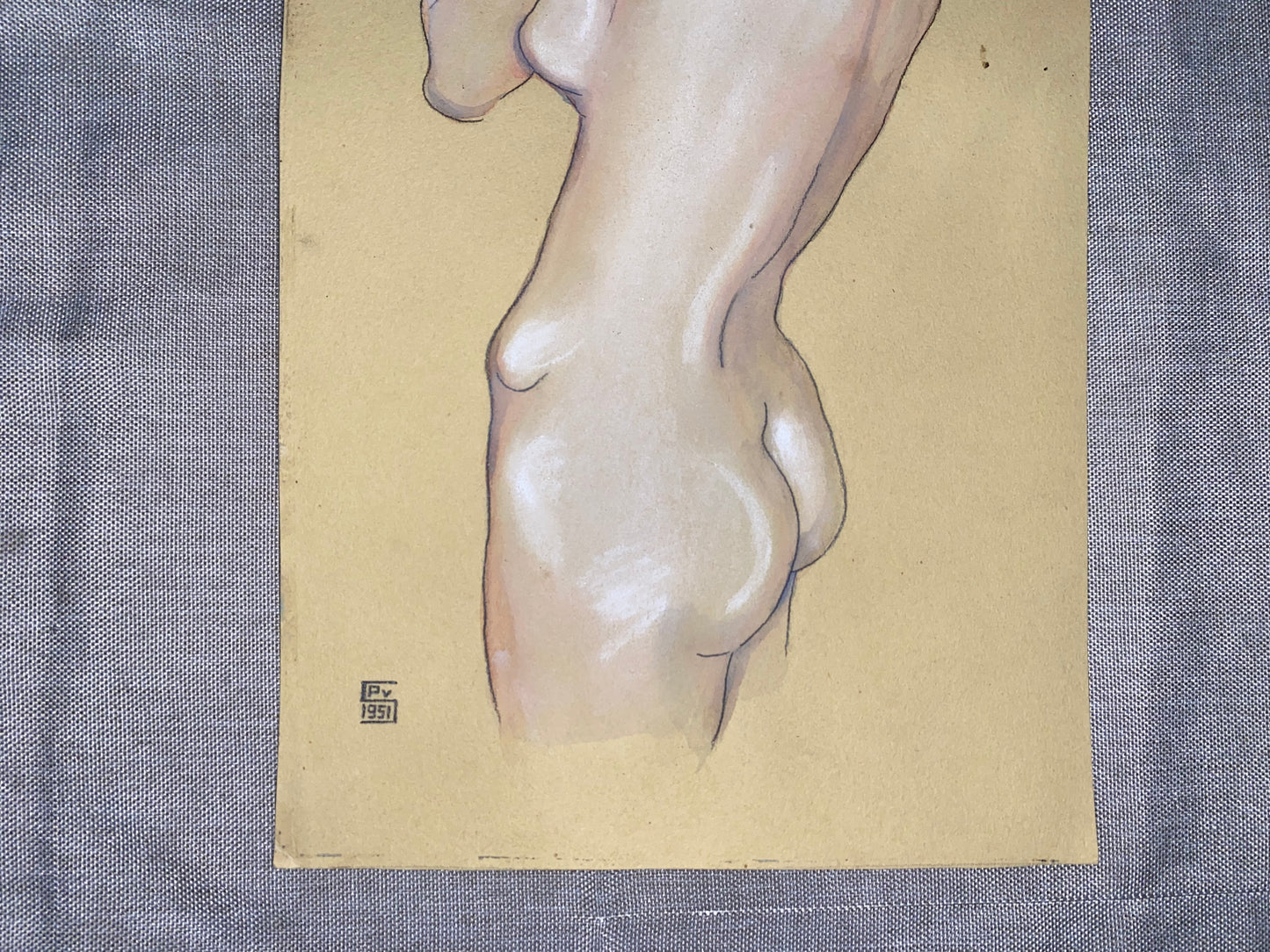1951 Original Aktzeichnung | Weiblicher Rückenakt | Vintage Aktmalerei | Erotik Kunst
