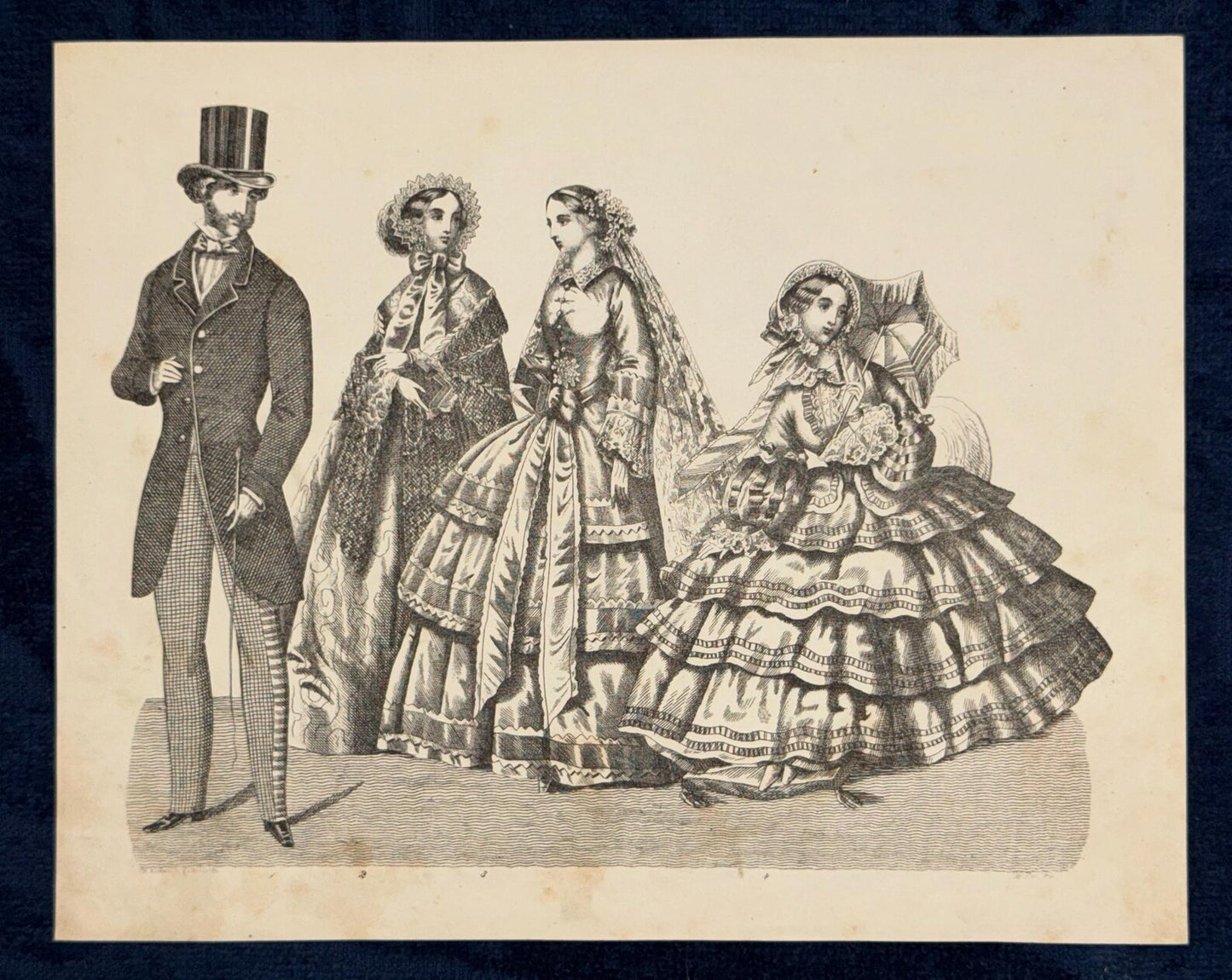 1855 Antike Modegrafik schwarz-weiß Vintage