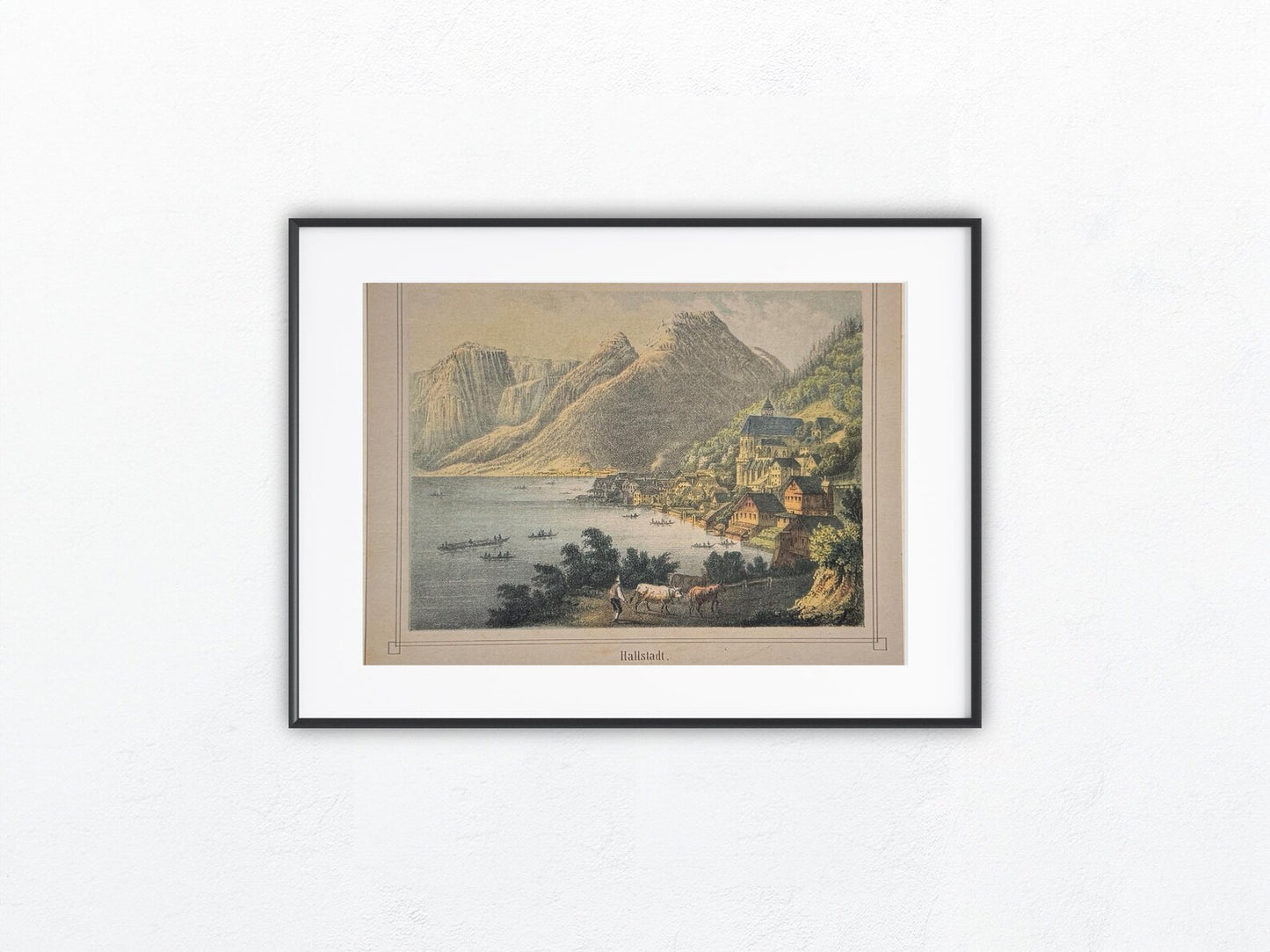 Original Ansicht Hallstadt Panorama 1850 | Kolorierte Lithografie