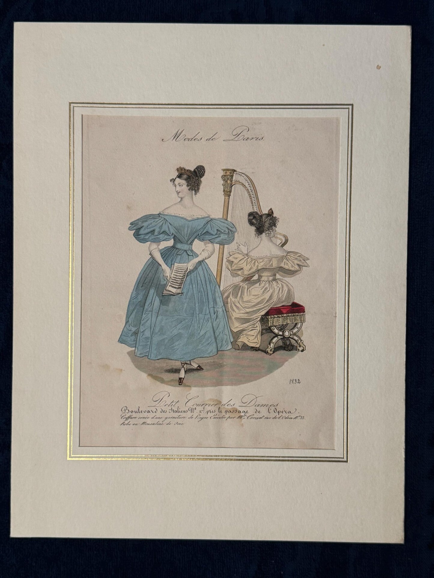Original Modes de Paris Lithografie 1832 | Damenmode mit Harfe