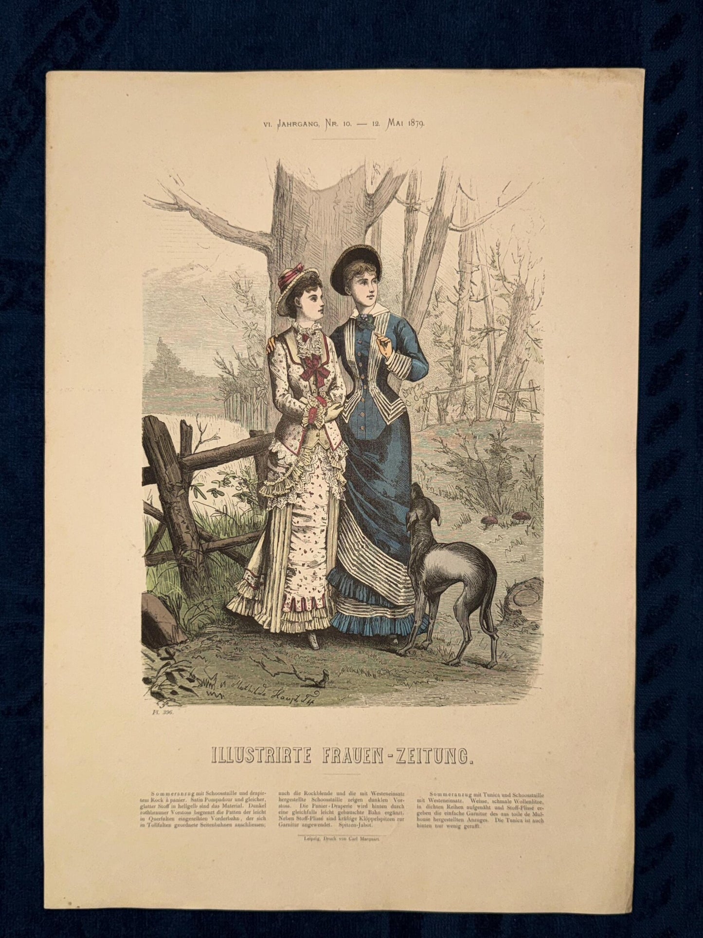 Lithografie 1879 Original Damenmode mit Hund