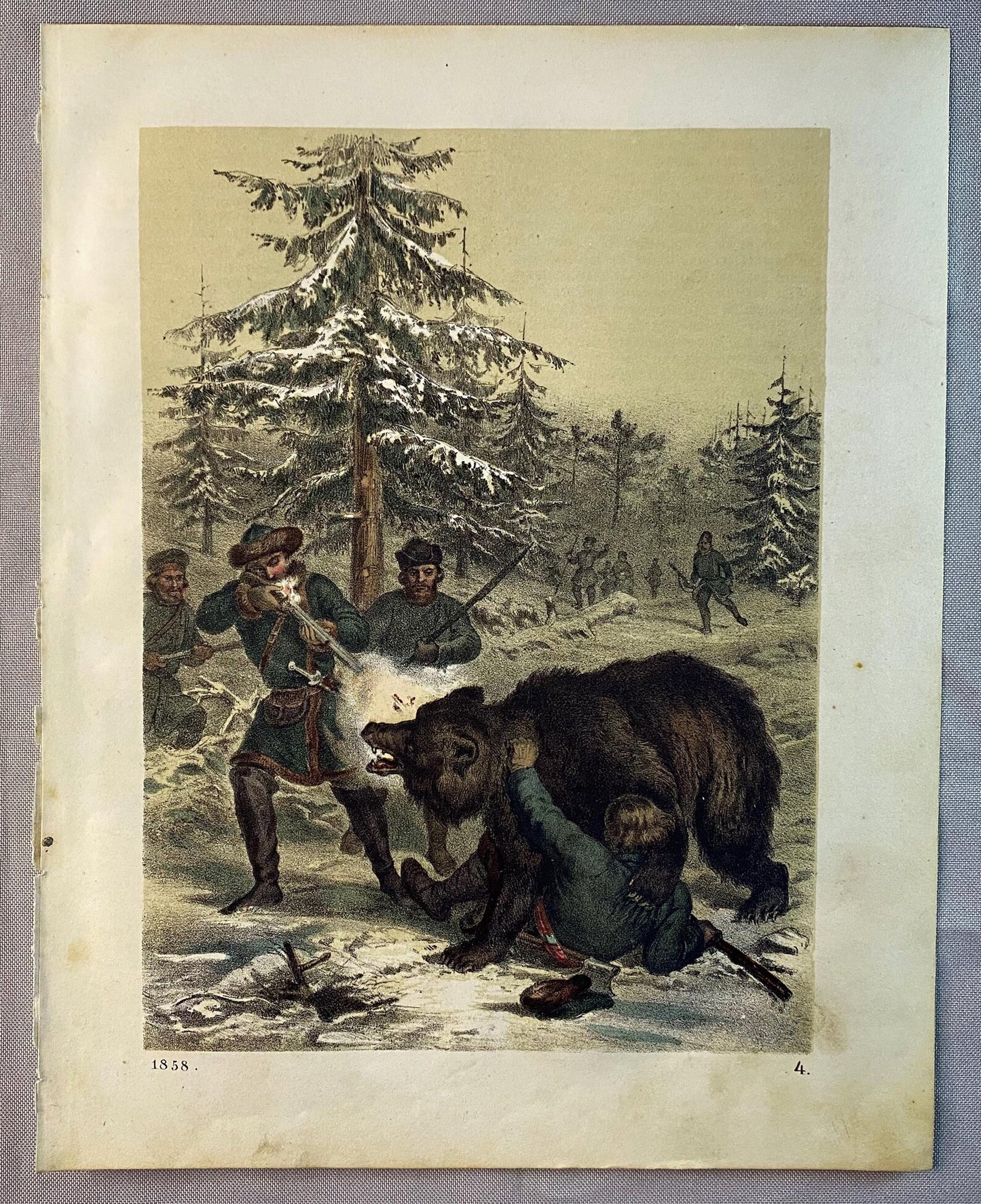 Bärenjagd Winterwald 1858 Original | Historische Jagdszene | Antiker Wildtier Druck Jagen