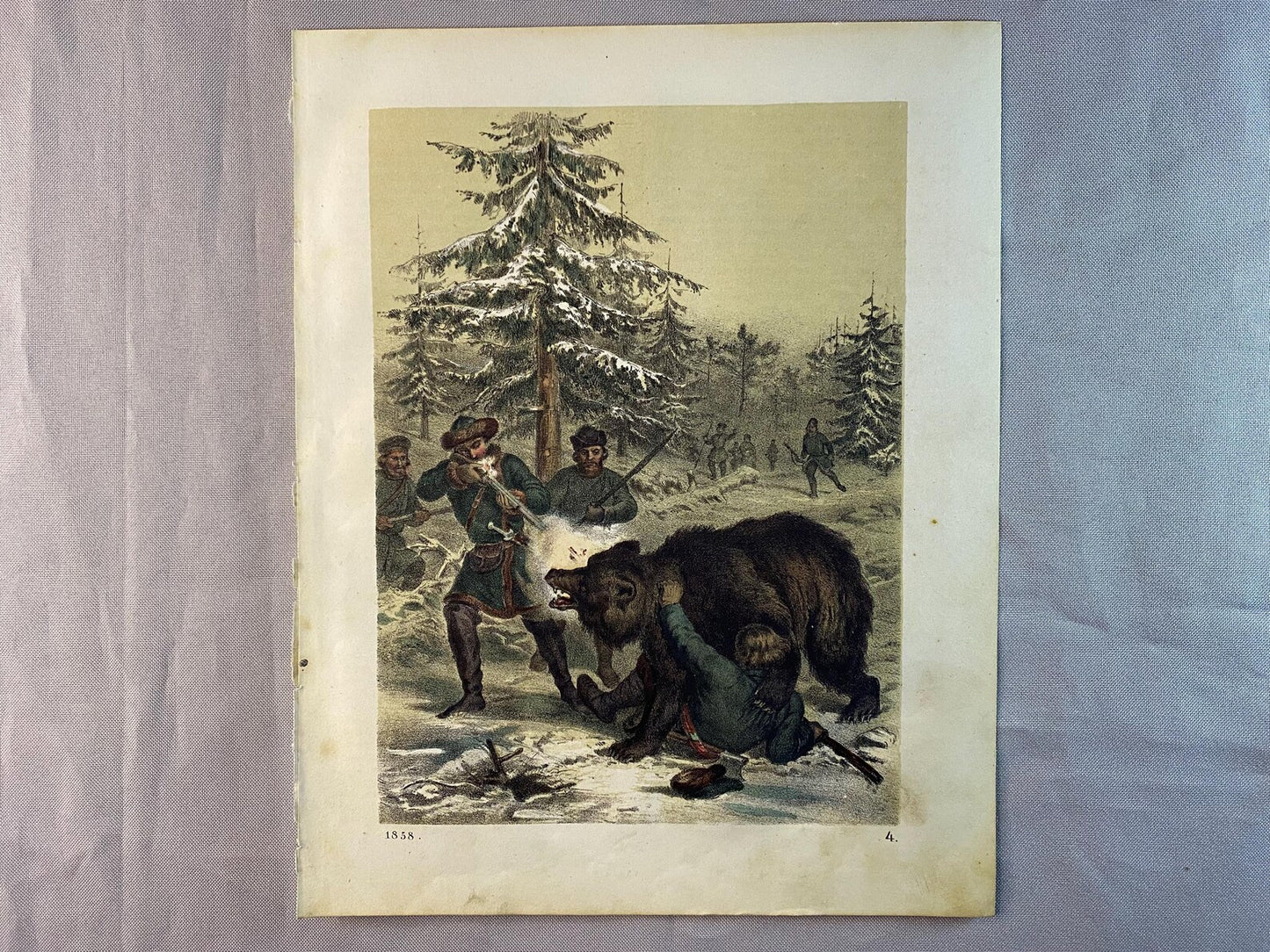 Bärenjagd Winterwald 1858 Original | Historische Jagdszene | Antiker Wildtier Druck Jagen
