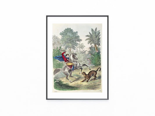 Reiterkampf mit Leopard 1858 | Exotische Jagdszene | Leoparden Afrika Raubtiere