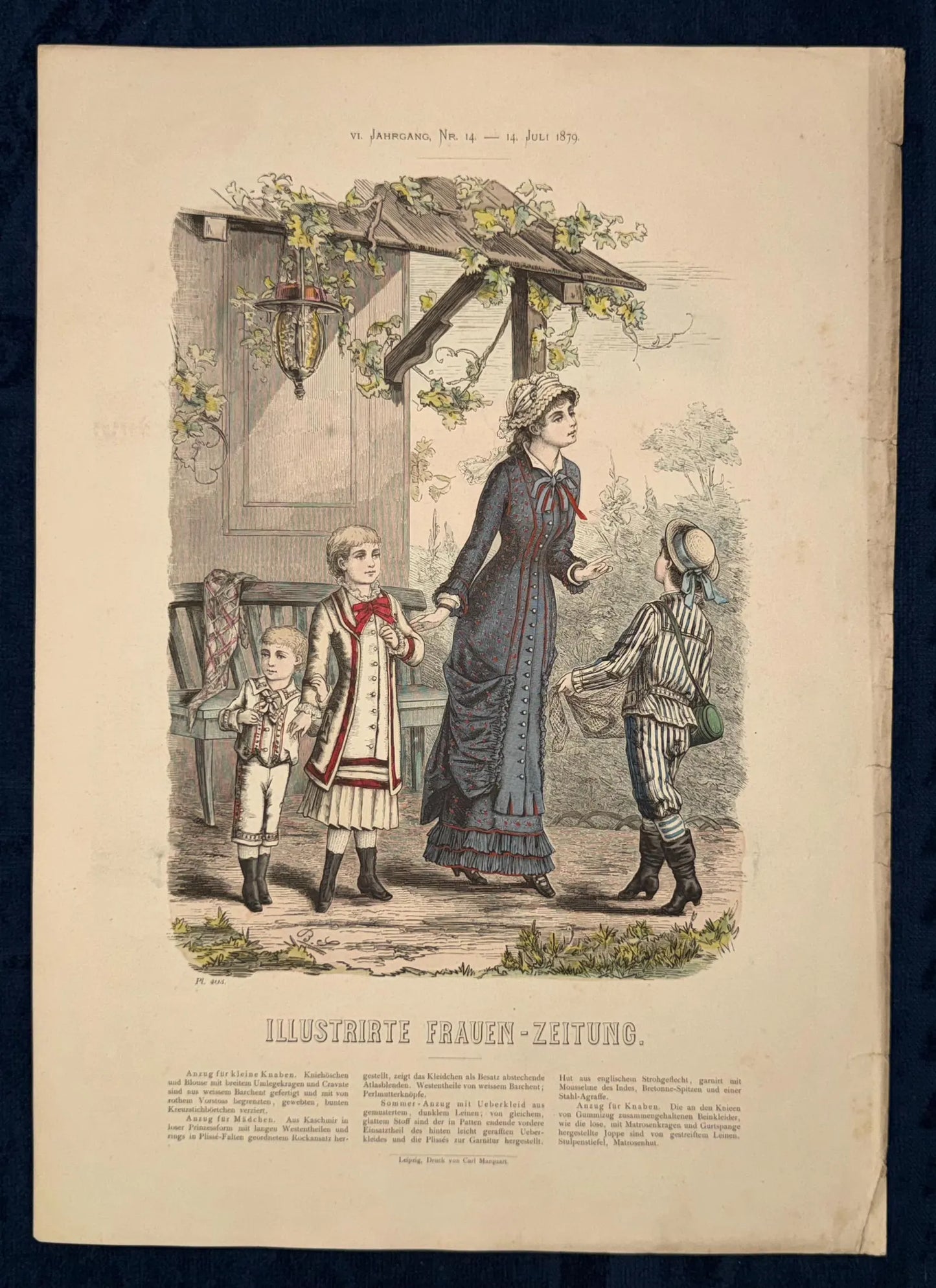 1879 Vintage Sommermode Matrosenanzug Mode Lithografie