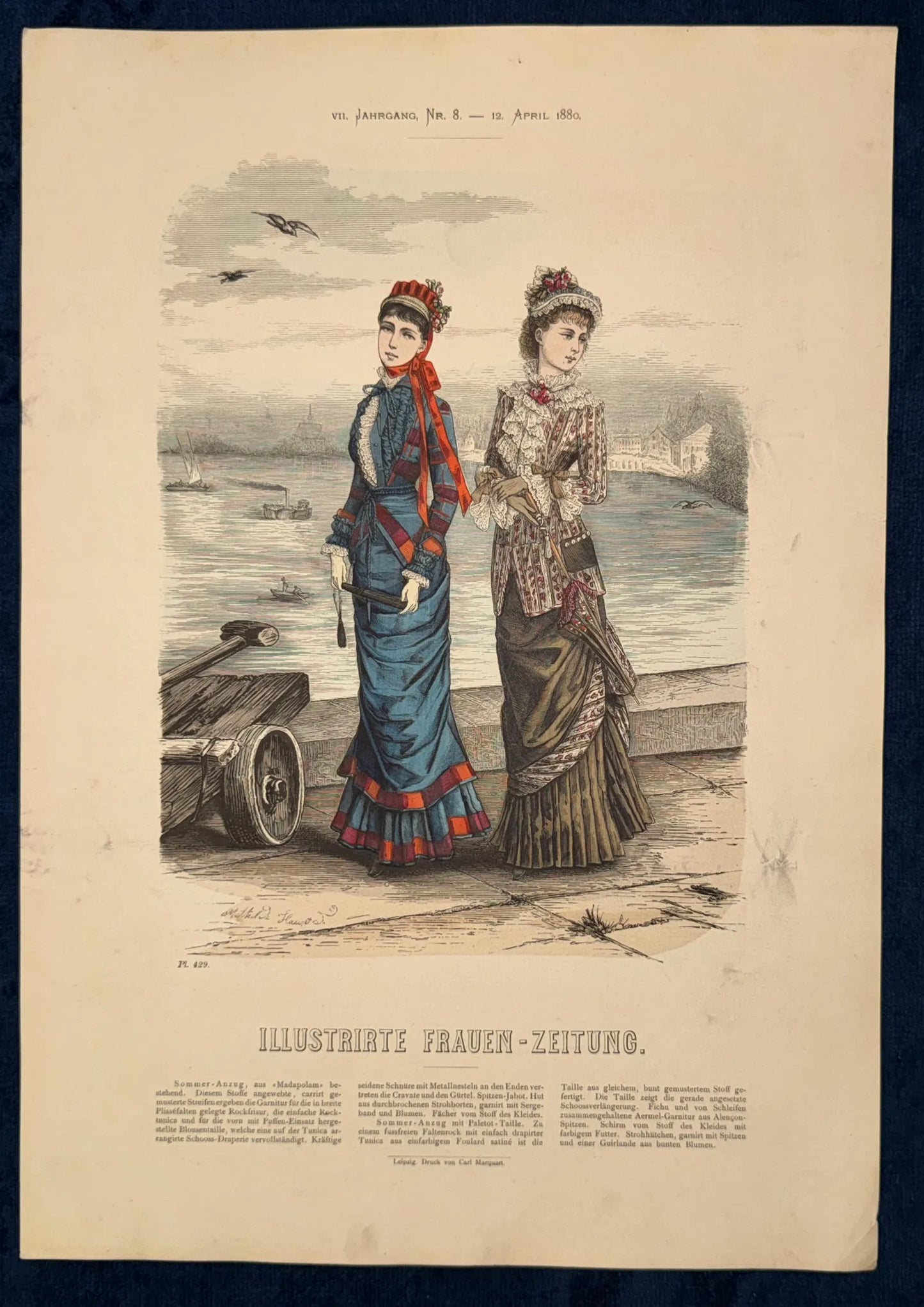 1880 Spaziermode am Wasser Original Lithografie Damenmode