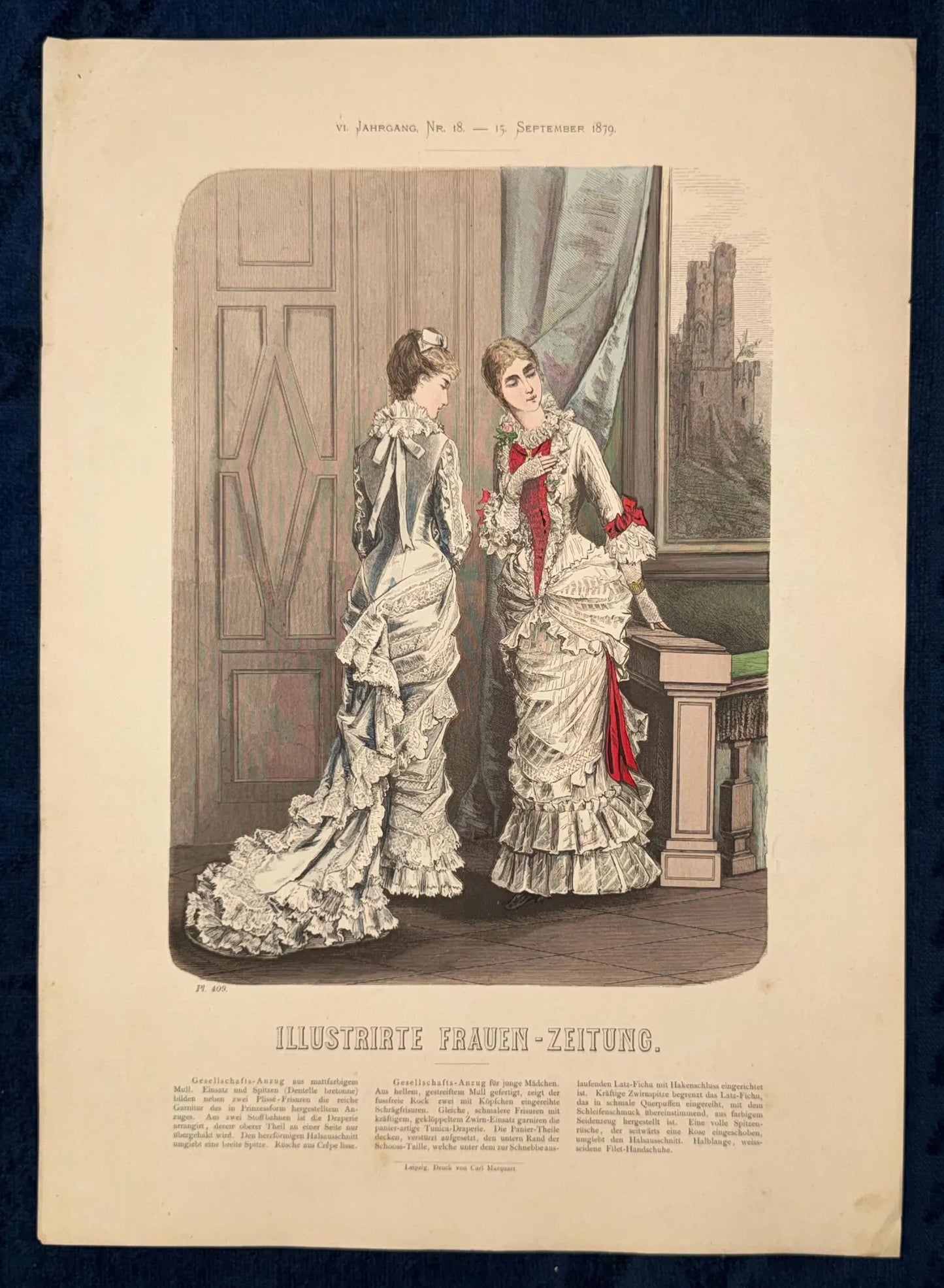 Original Mode-Tafel 1879 Schleifengarnitur Spitzenbesatz Modewelt