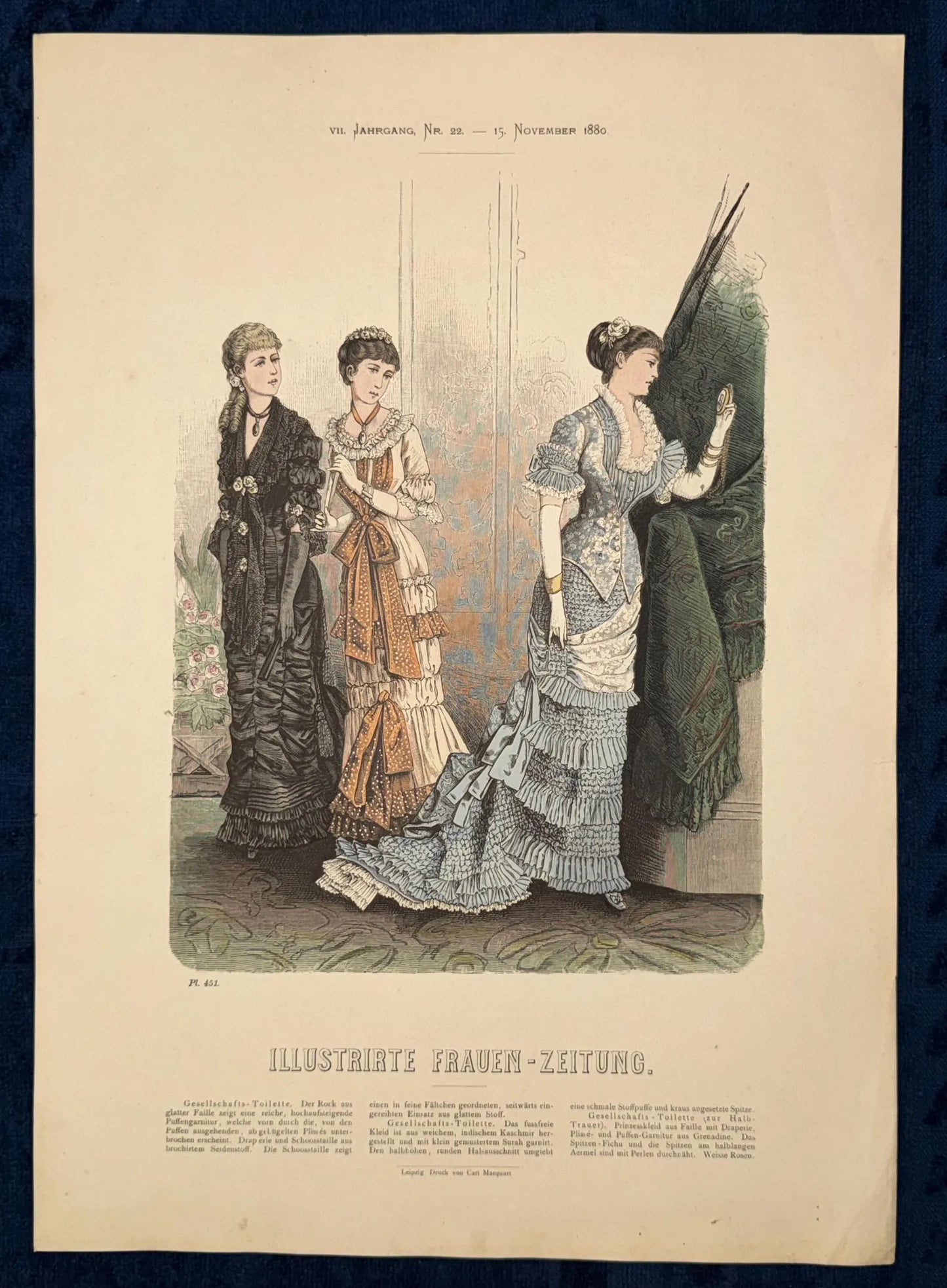 Mode Lithografie 1880 Damenmodeblatt mit Ballroben